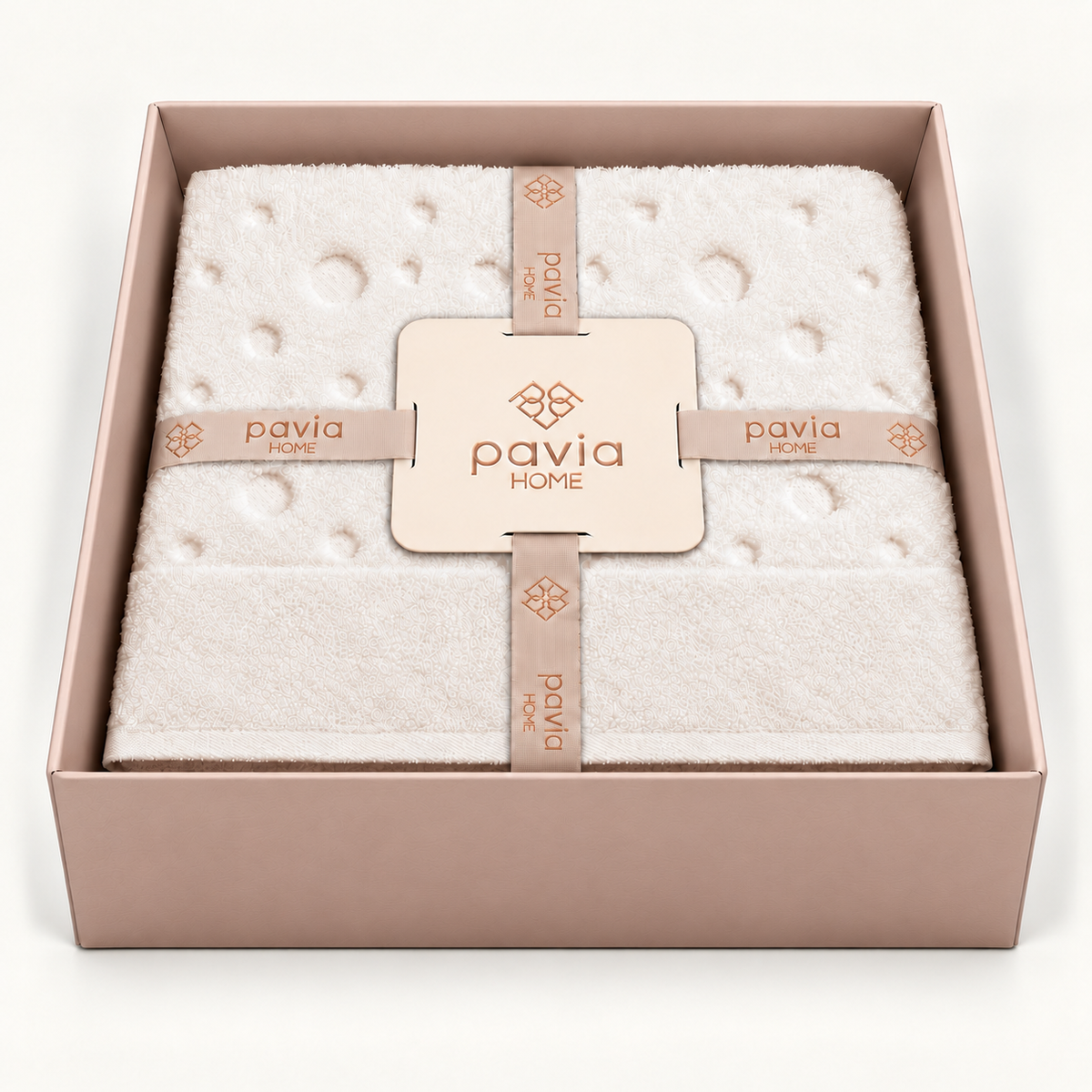 Bernardo towel set — Ecru — open gift box — matte Jony packaging