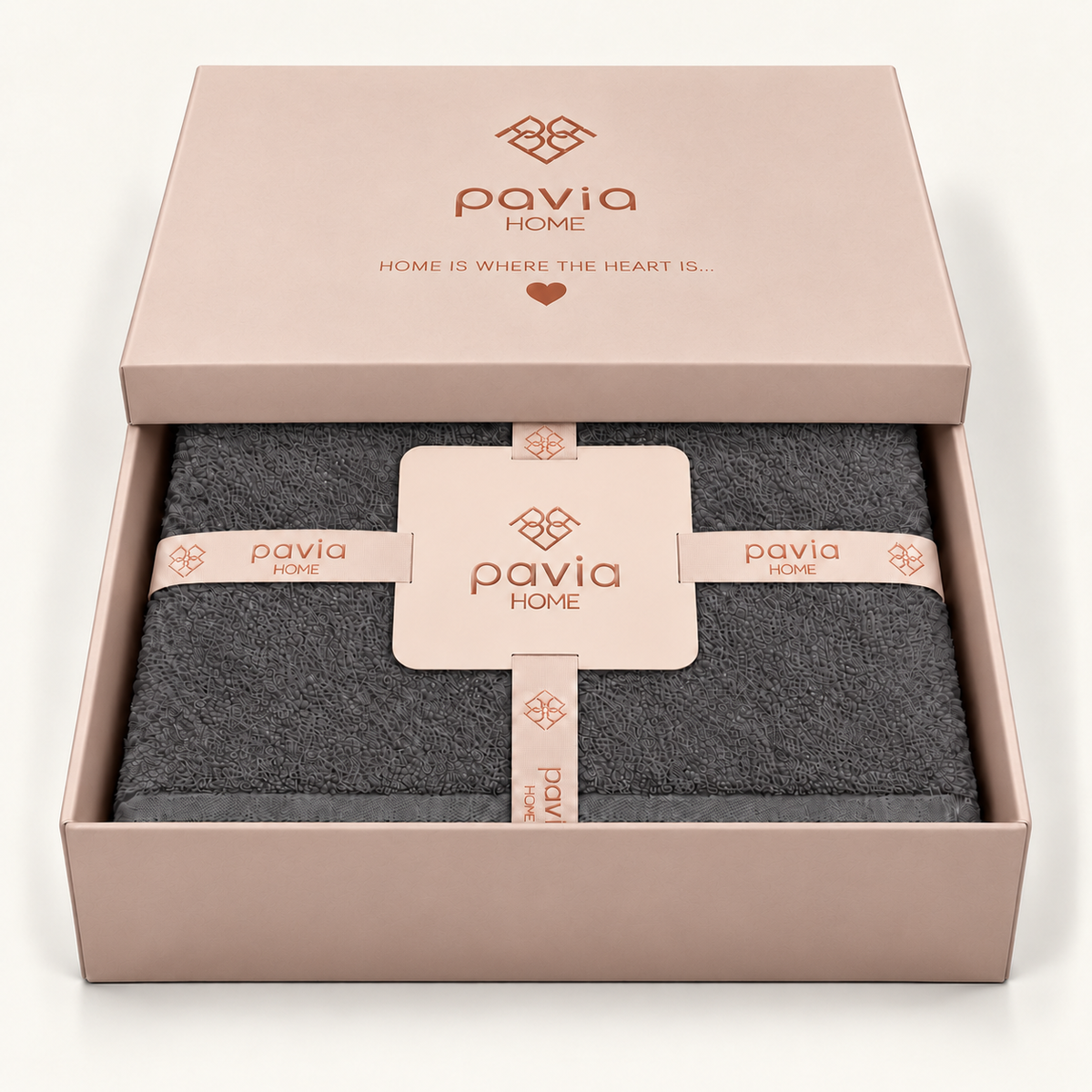 Nicol Anthracite towel set in a Pavia Home gift box, half-closed lid