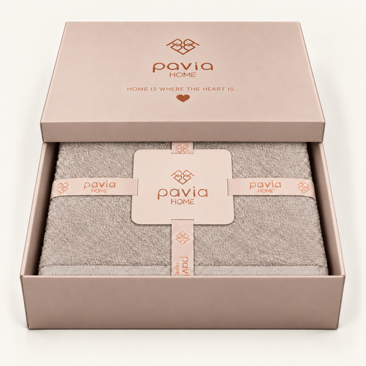 Nicol Beige towel set in a Pavia Home gift box, half-closed lid