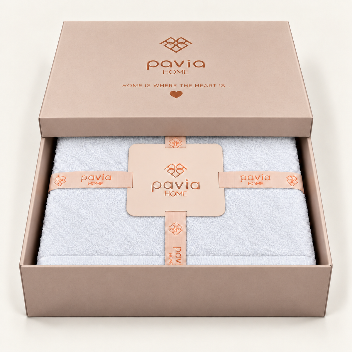 Nicol White towel set in a Pavia Home gift box, half-closed lid
