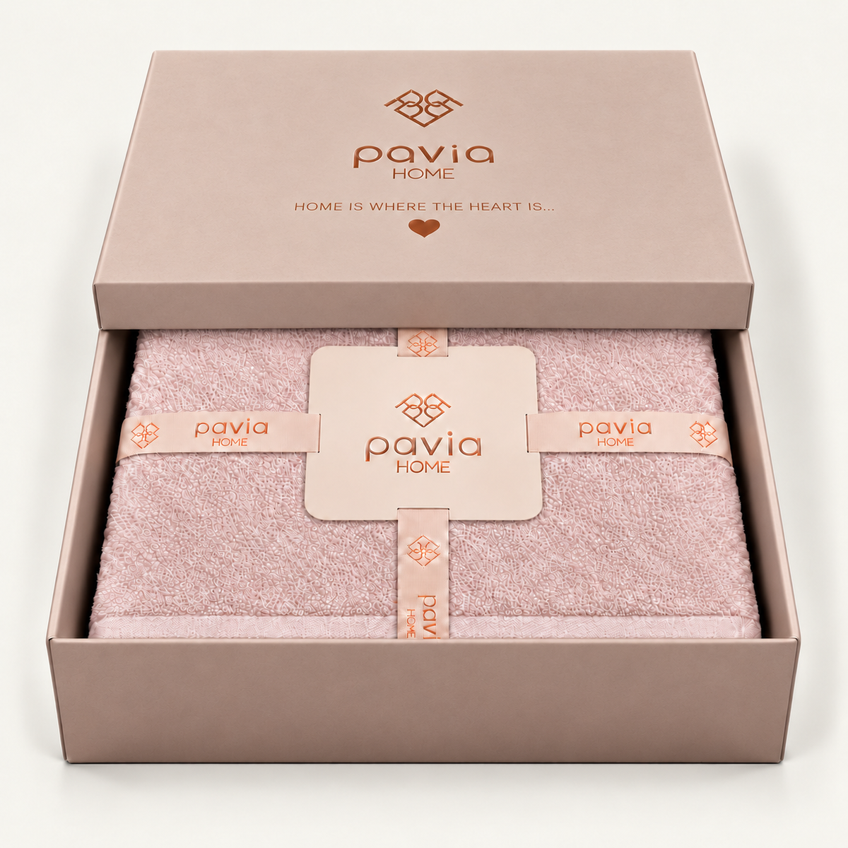 Nicol Powder Pink towel set in a Pavia Home gift box, half-closed lid