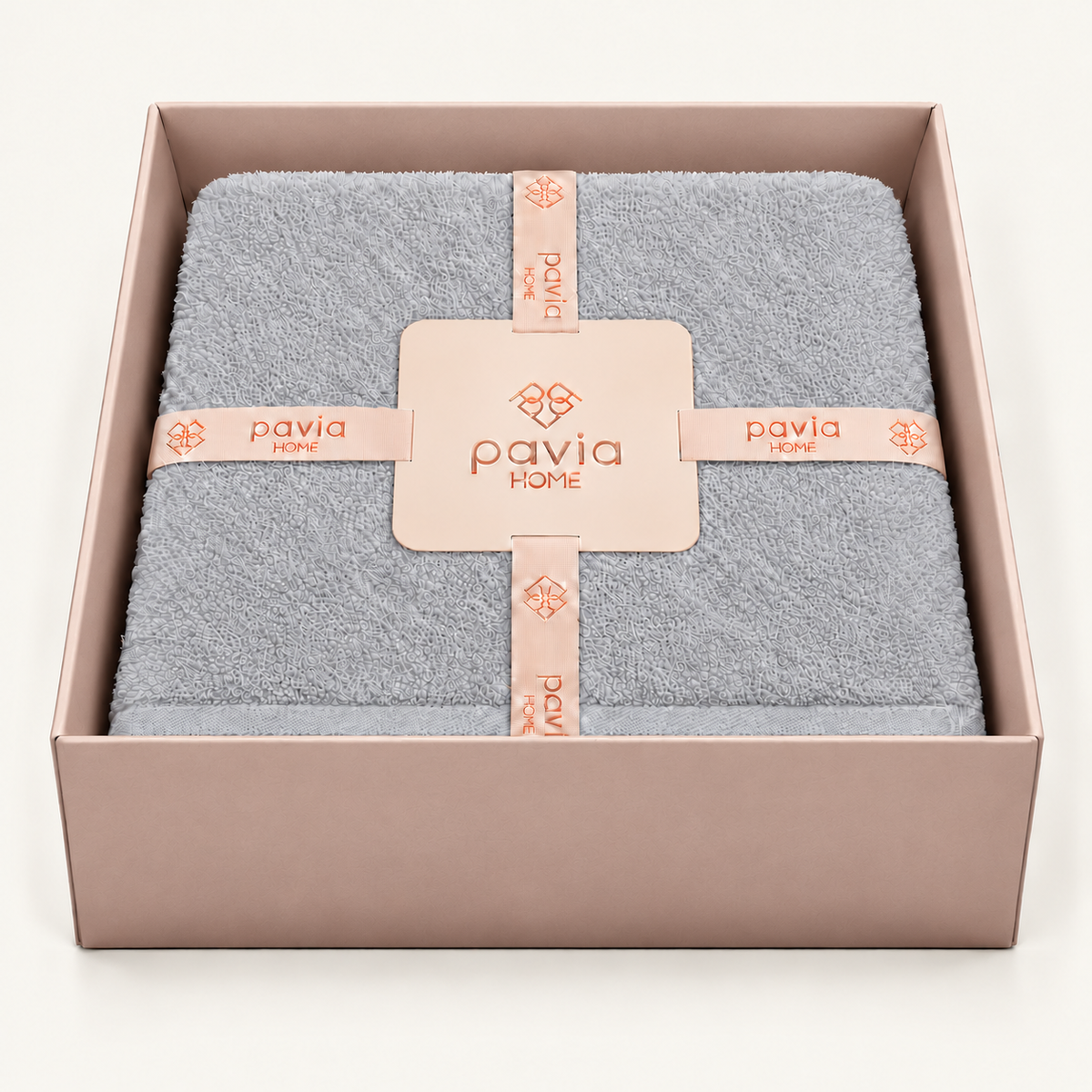 Nicol Grey towel set in a Pavia Home gift box, open box