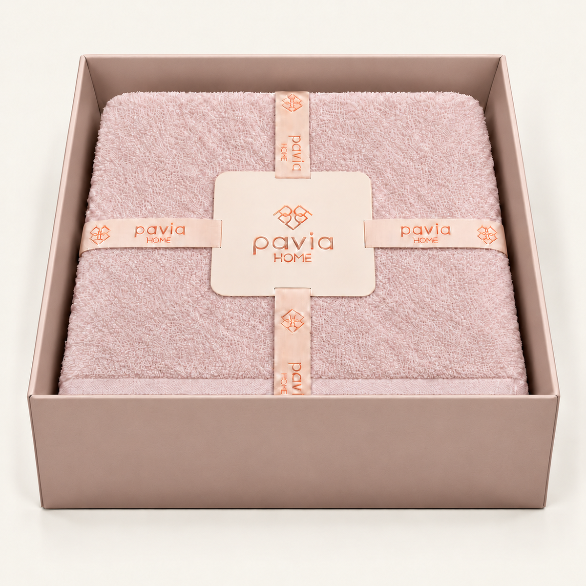 Nicol Powder Pink towel set in a Pavia Home gift box, open box