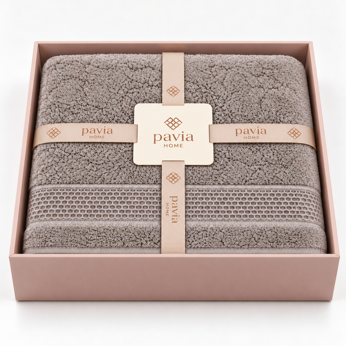 Pavia Home Vina towel set — Stone, open gift box