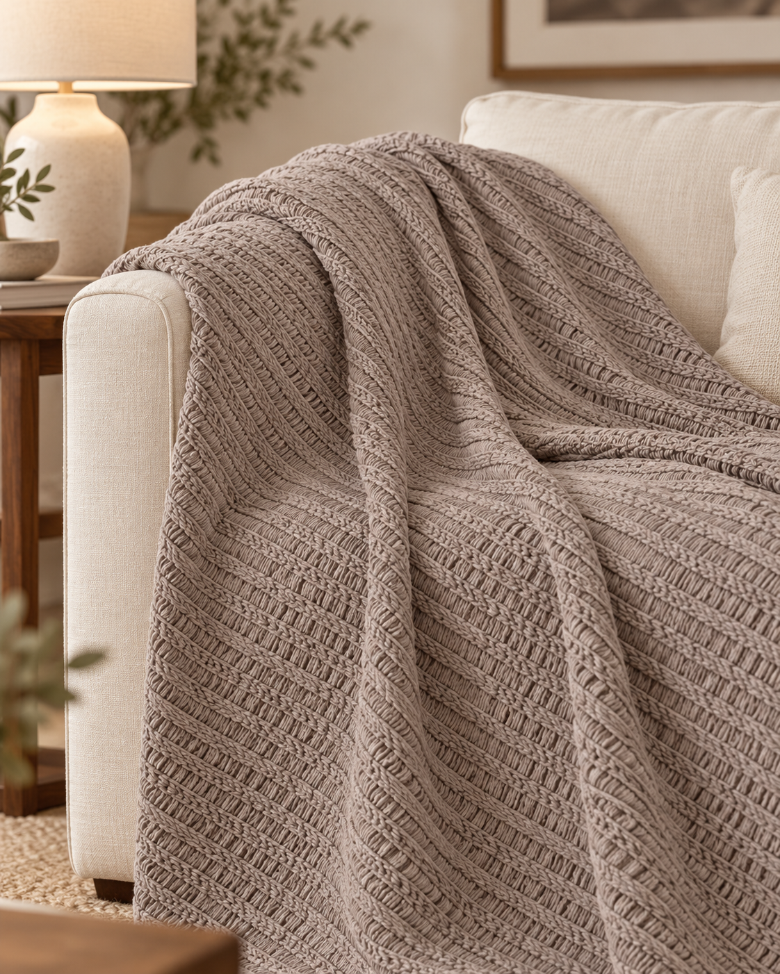 Pavia Home Amara beige throw — approved sofa lifestyle, raised linear ladder texture