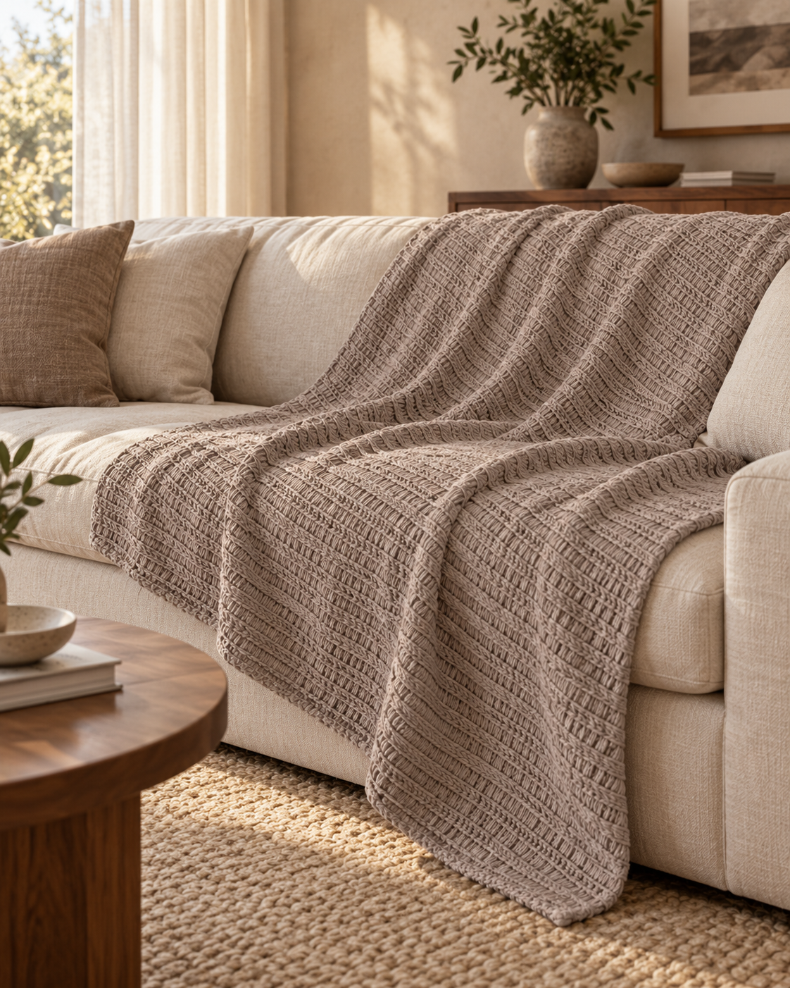 Pavia Home Amara beige throw — single layer draped on a sofa, raised linear texture, warm living room