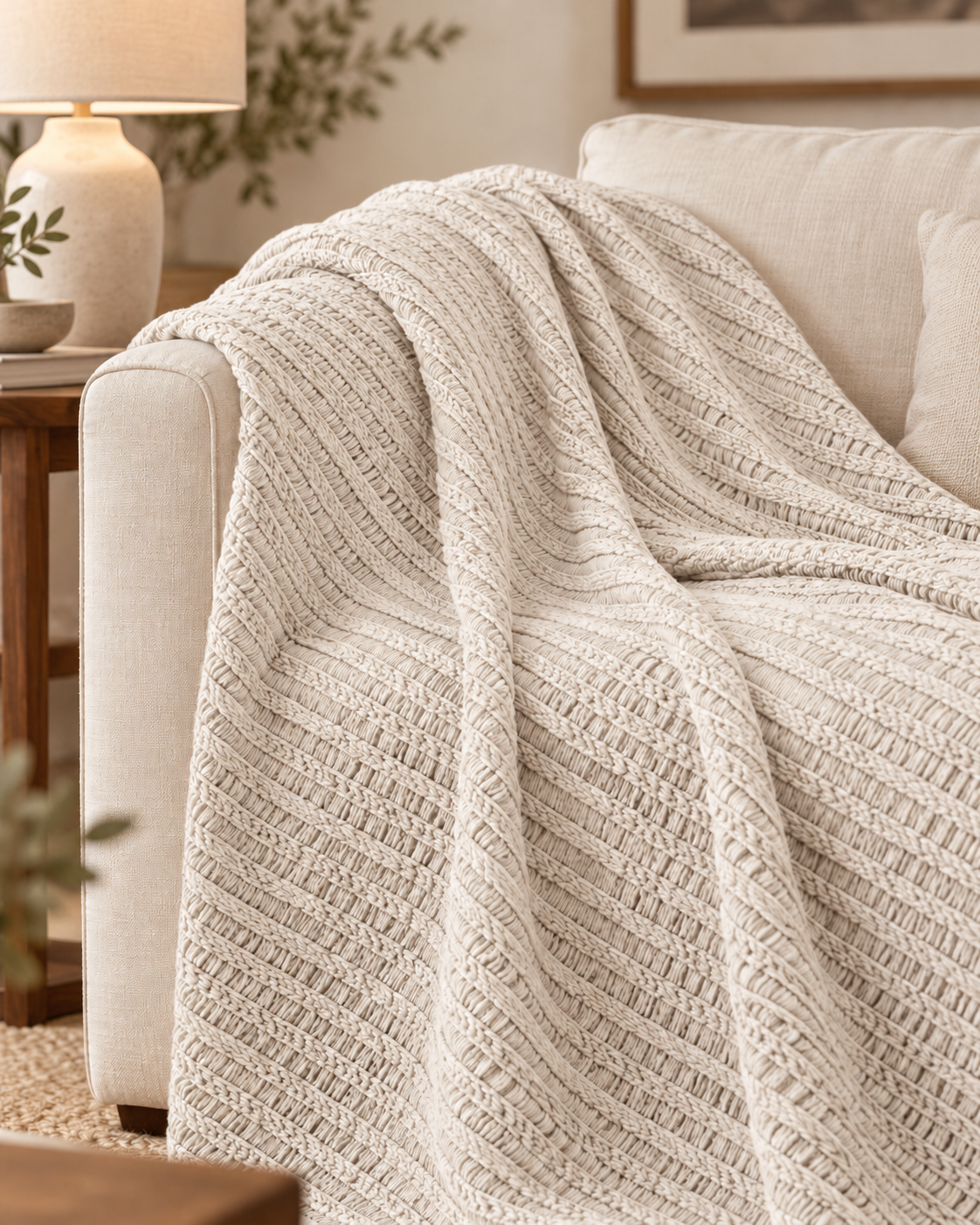 Pavia Home Amara ecru throw — approved sofa lifestyle, raised linear ladder texture