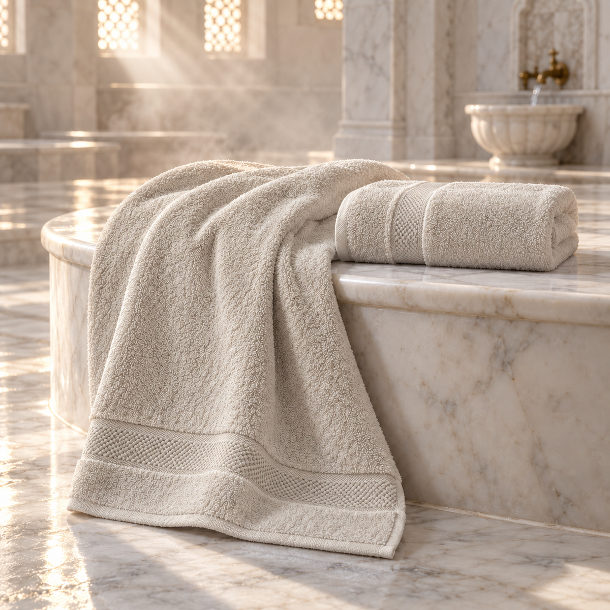 Pavia Home Anta towel set — Beige, towel pair draped over a marble hammam platform