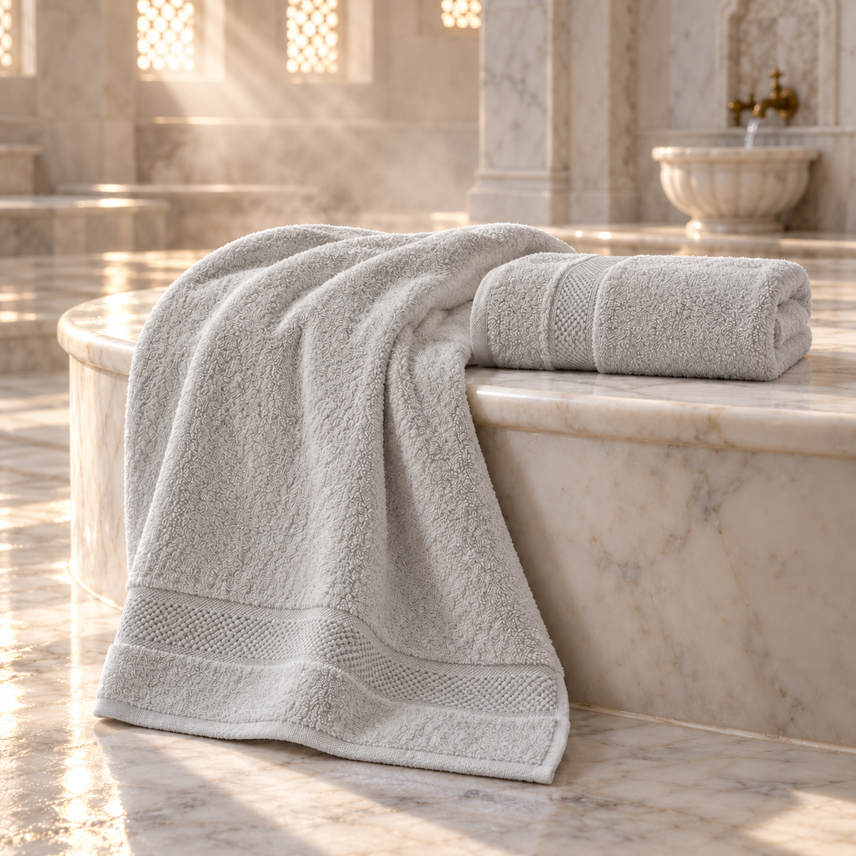 Pavia Home Anta towel set — Grey, towel pair draped over a marble hammam platform