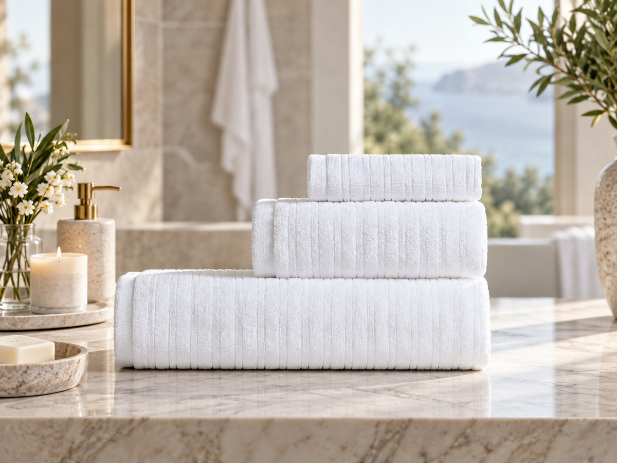 Pavia Home Aviola — White towel set in a bathroom