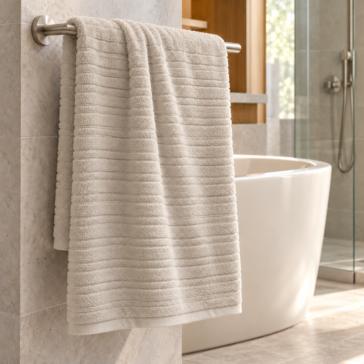 Pavia Home Aviola towel set — Beige, towel beside a bathtub in an elegant hotel bathroom