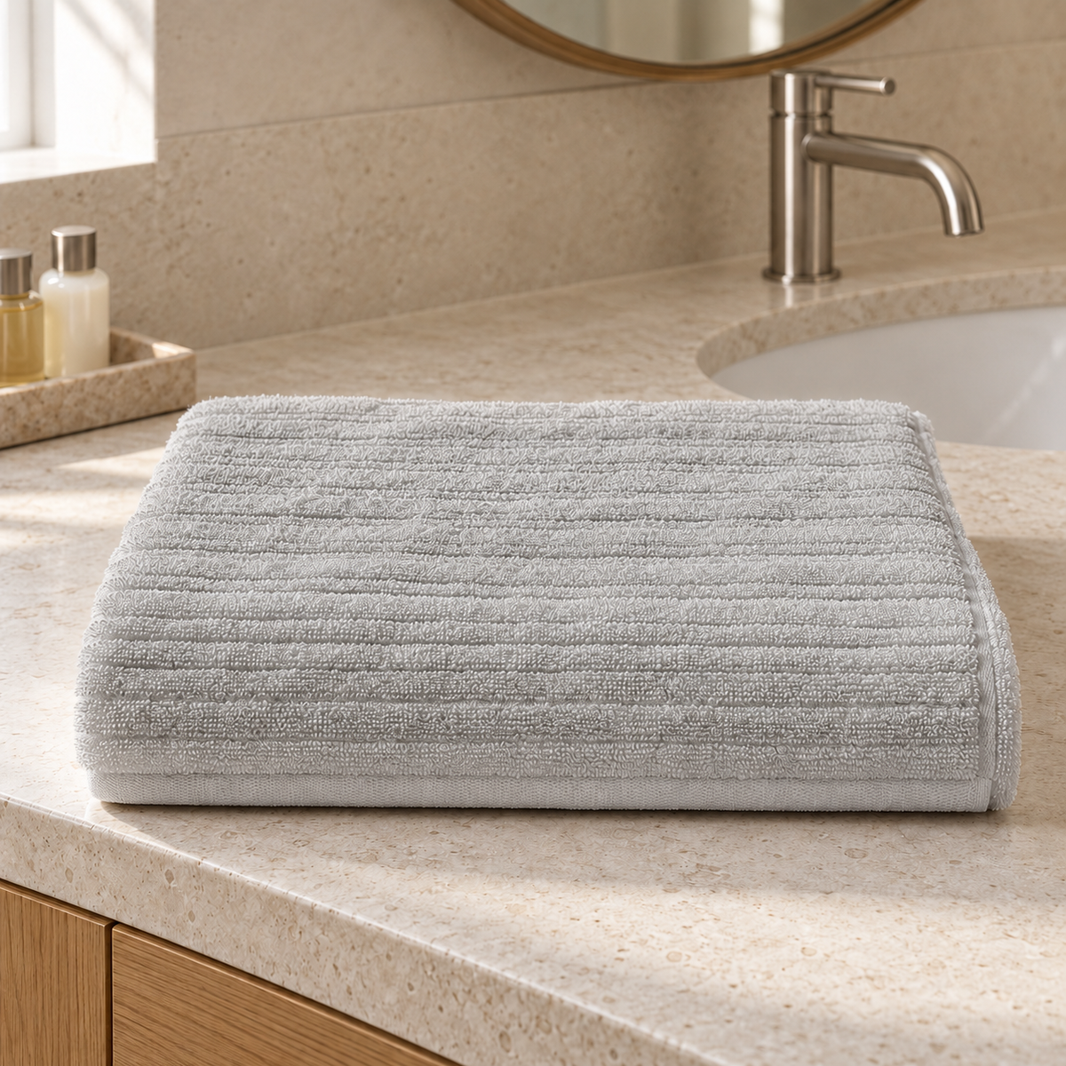 Pavia Home Aviola towel set — Grey, folded towel in an elegant hotel bathroom