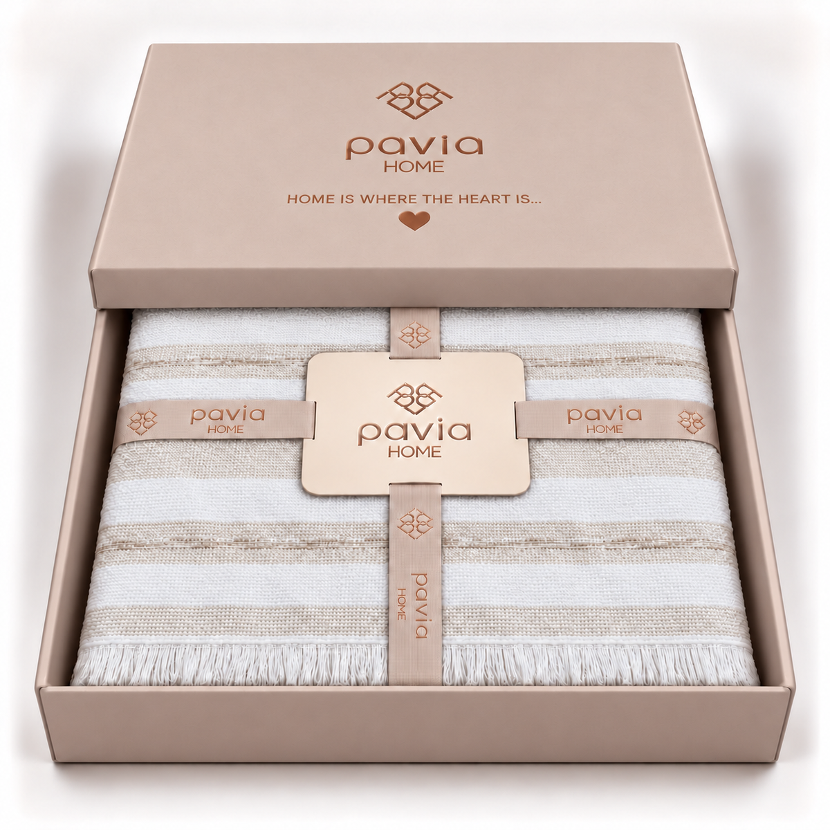 Pavia Home Barlet towel set — beige, matte gift box with a partially closed lid, striped cotton and fringed edge