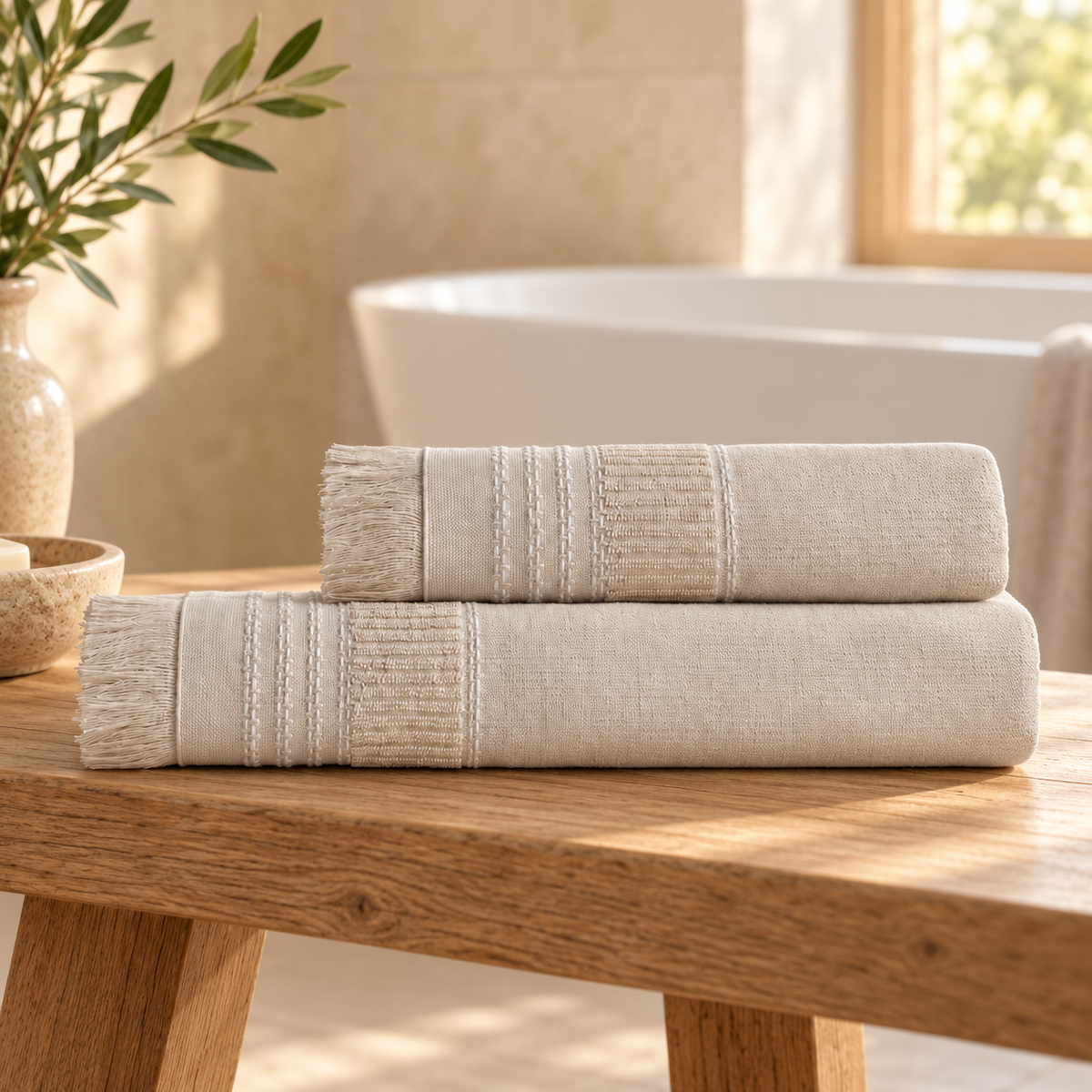Two beige Boden towels with woven stripes and fine natural fringe on an oak bathroom bench.