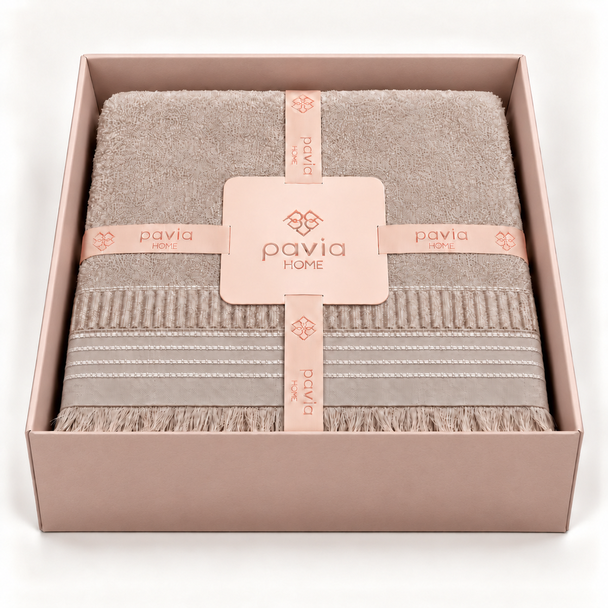 Boden beige towel set in a matte blush gift box, open lidless box with four woven stripes and natural fine fringe