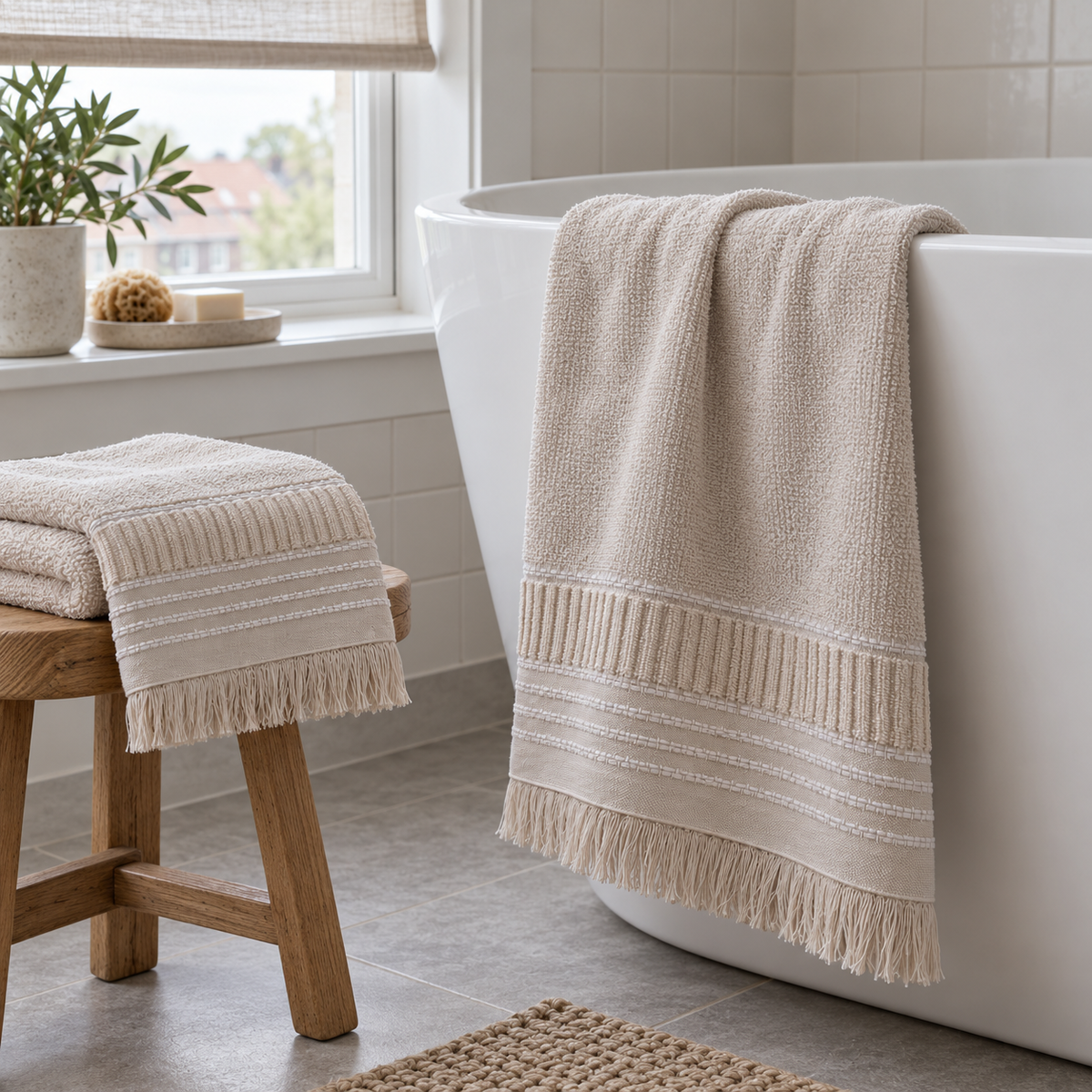 Boden beige cotton towel set draped beside a white bathtub and oak stool in a naturally lit Dutch home bathroom