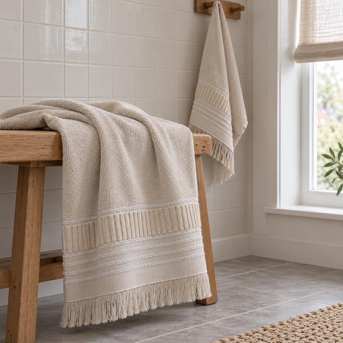 Boden beige cotton towel set draped over an oak bench and wall peg beside a window in a naturally lit Dutch home bathroom
