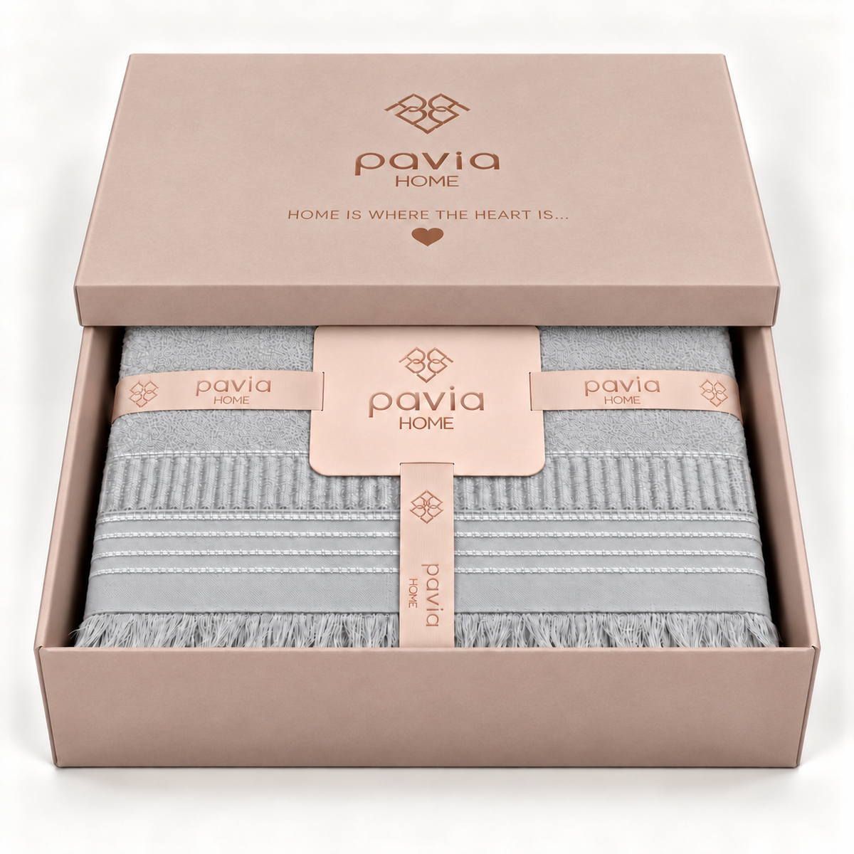 Boden grey towel set in a matte blush gift box with a partially closed lid, woven border and natural fringe