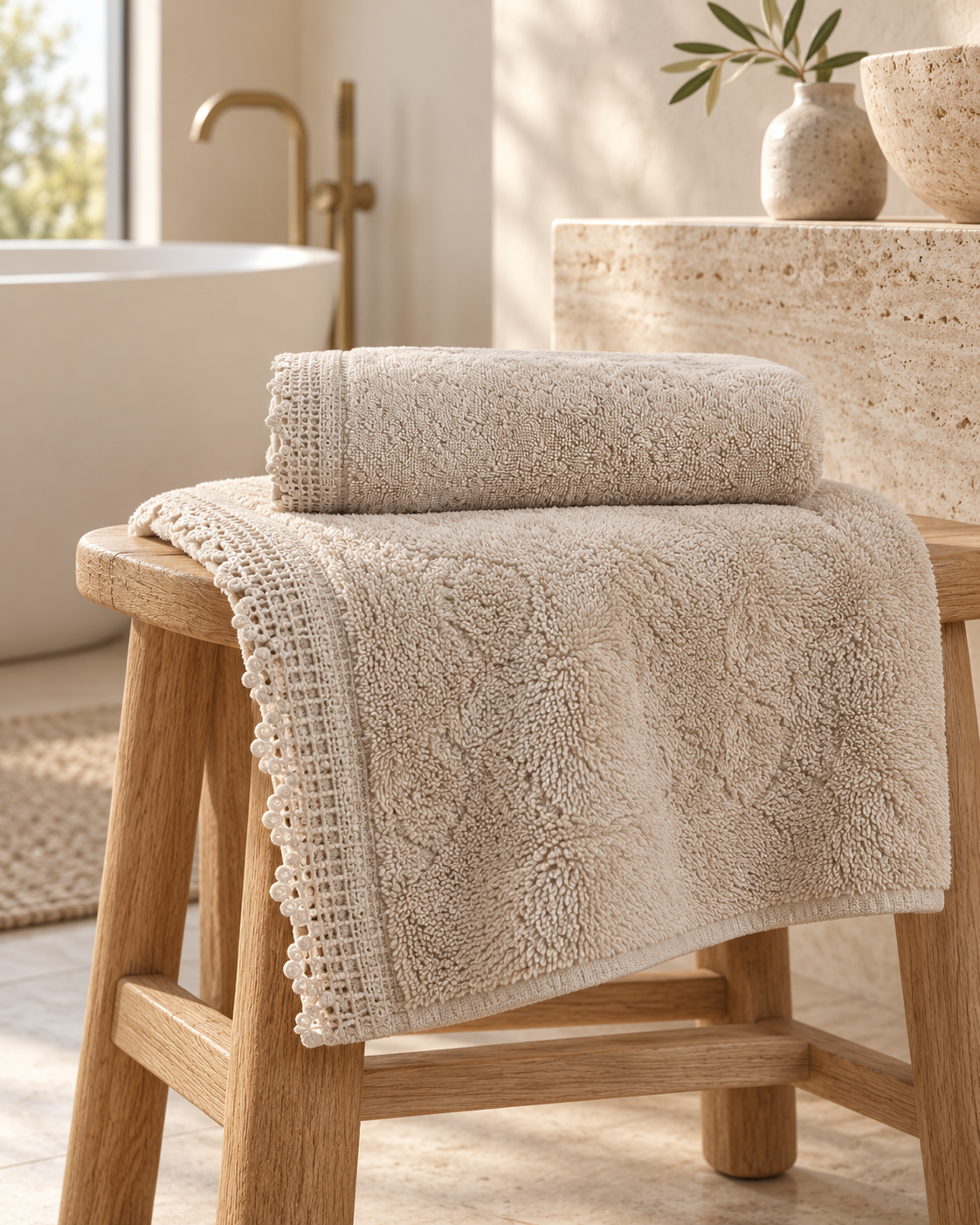 Pavia Home Carnia beige towel set styled in a warm travertine bathroom