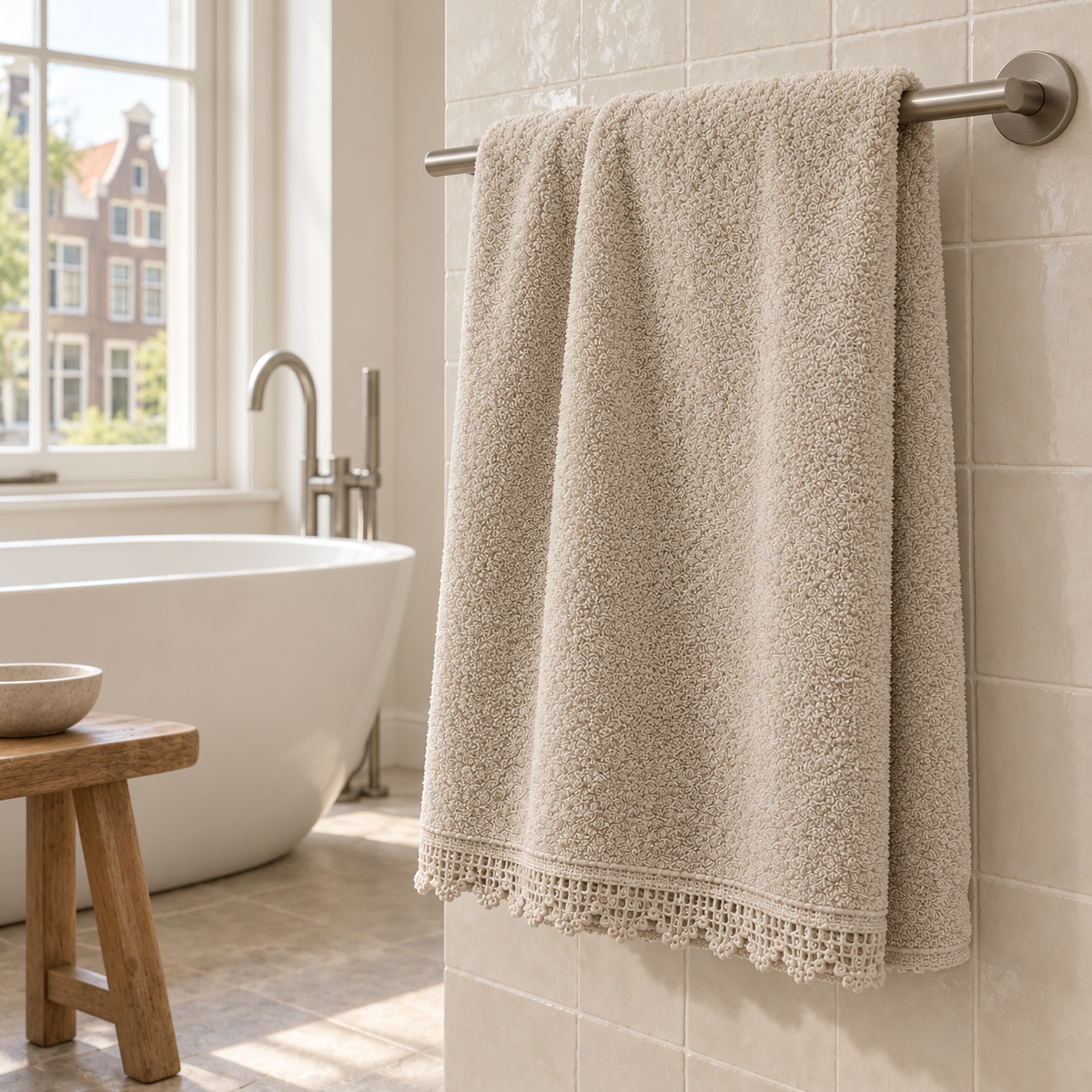 Pavia Home Carnia towel set — Beige, towel hanging beside a bathtub in an elegant Dutch bathroom