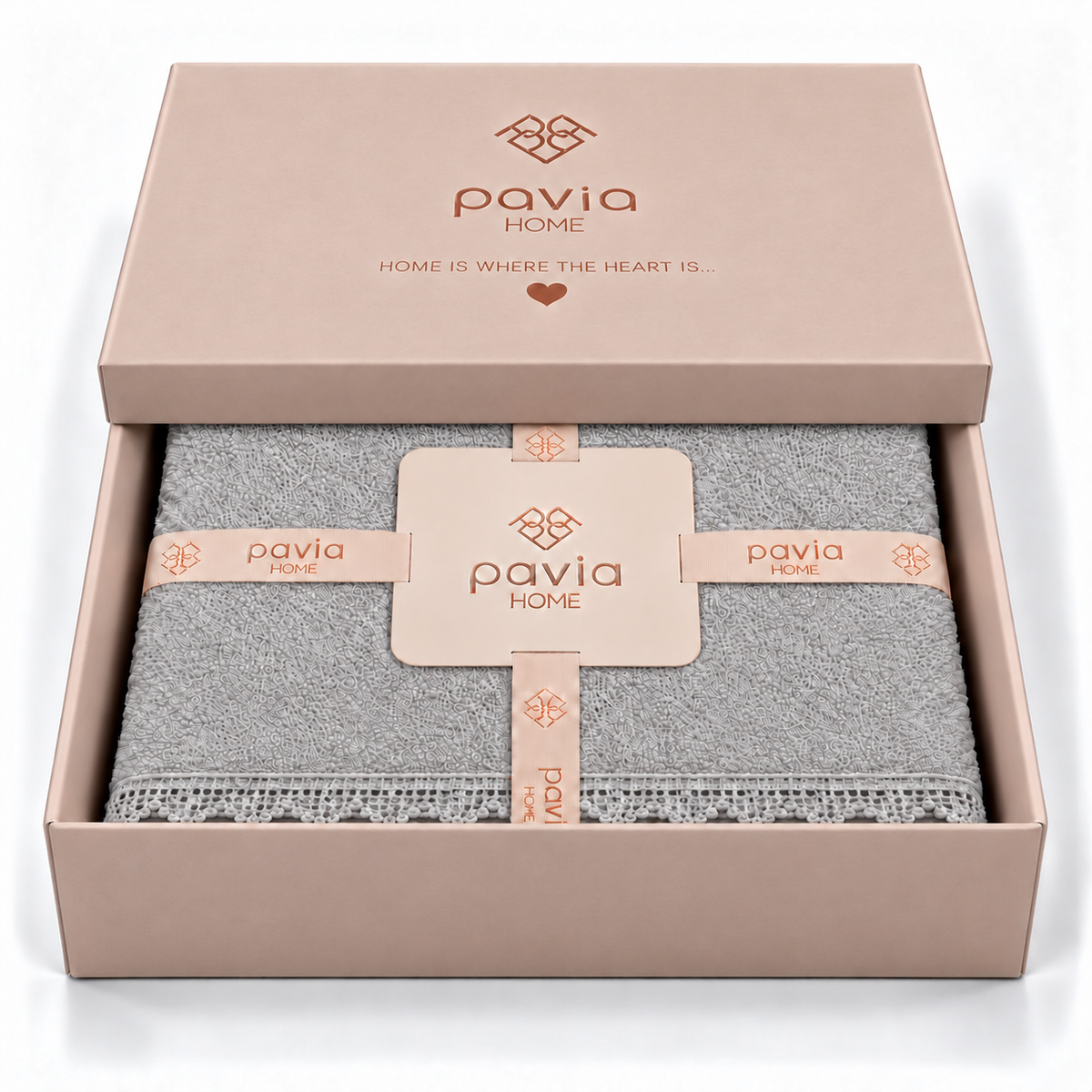 Pavia Home Carnia towel set — Grey, matte gift box with half-closed lid