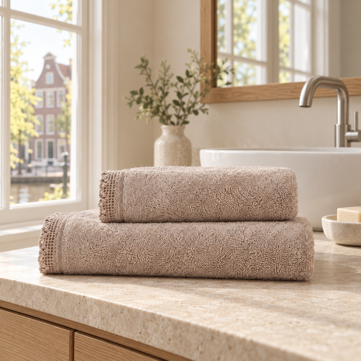 Pavia Home Carnia towel set — Quartz, two folded towels in a warm Dutch bathroom