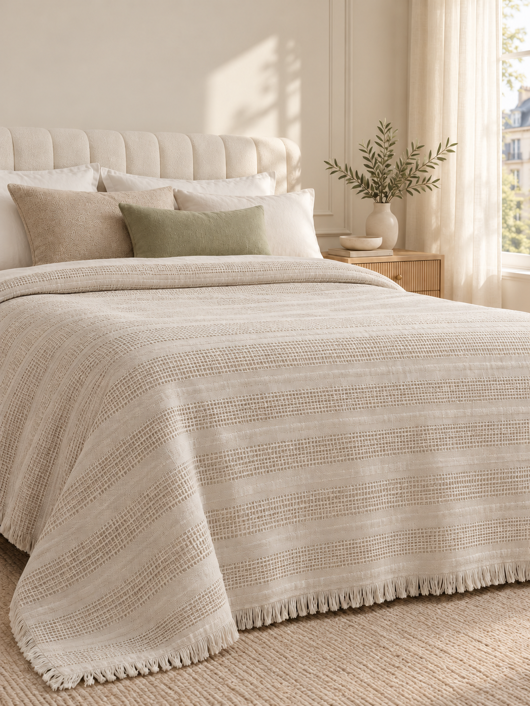 Beige Erna Tagesdecke aus Baumwolle mit feinen Fransen in einem warmen Schlafzimmer.