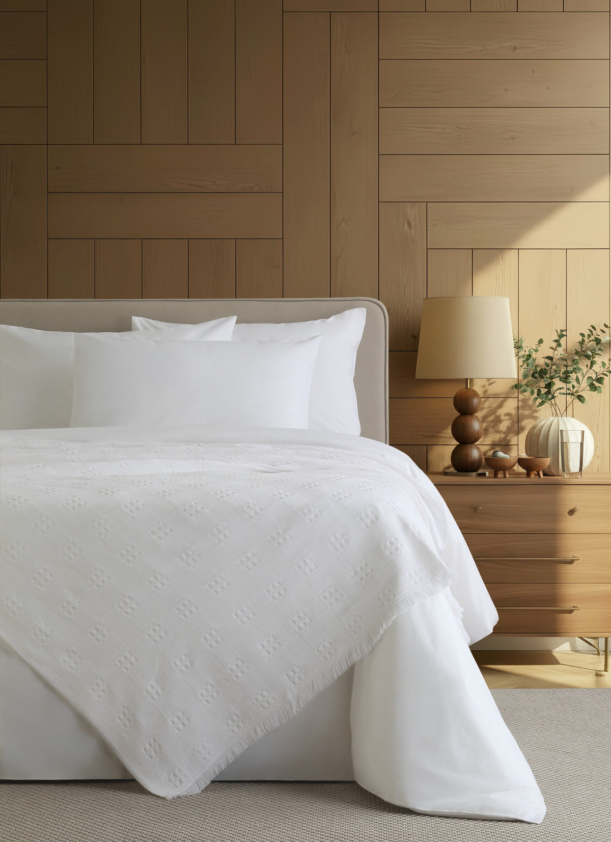 Danna White bedspread styled on a bed