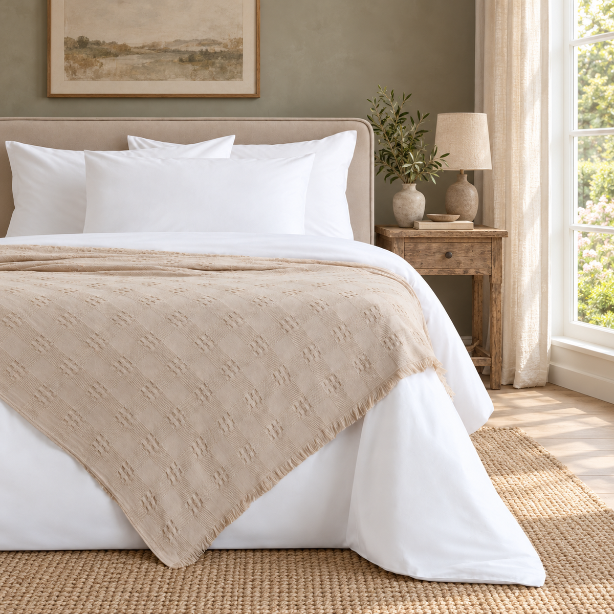 Danna Beige bedspread — Dutch bedroom lifestyle, fine woven pattern at original scale, view 02