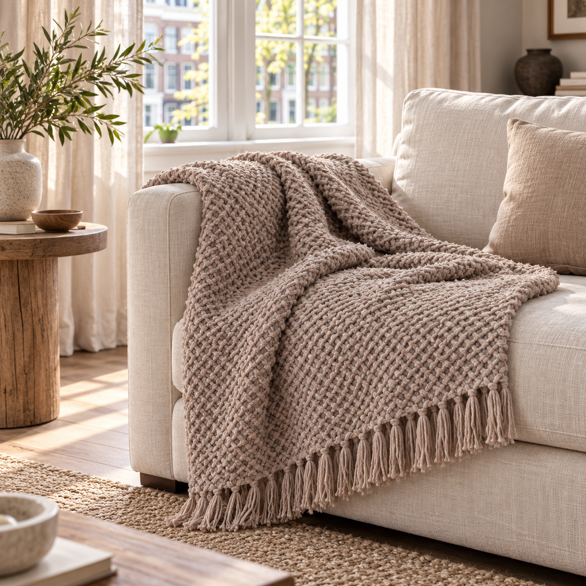 Devina Throw — Beige, 150 × 200 cm, draped over an ivory linen sofa in a Dutch living room, with the textured weave and matching tassels visible
