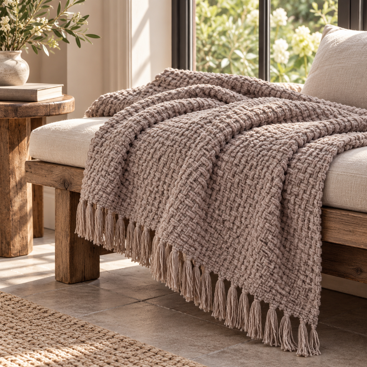 Devina Throw — Beige, 150 × 200 cm, arranged on an oak window bench in a Dutch home, with the textured weave and matching tassels visible