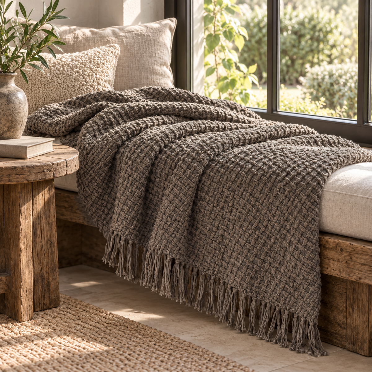 Devina Throw — Grey, 150 × 200 cm, arranged on an oak window bench in a Dutch home, with the textured weave and matching tassels visible