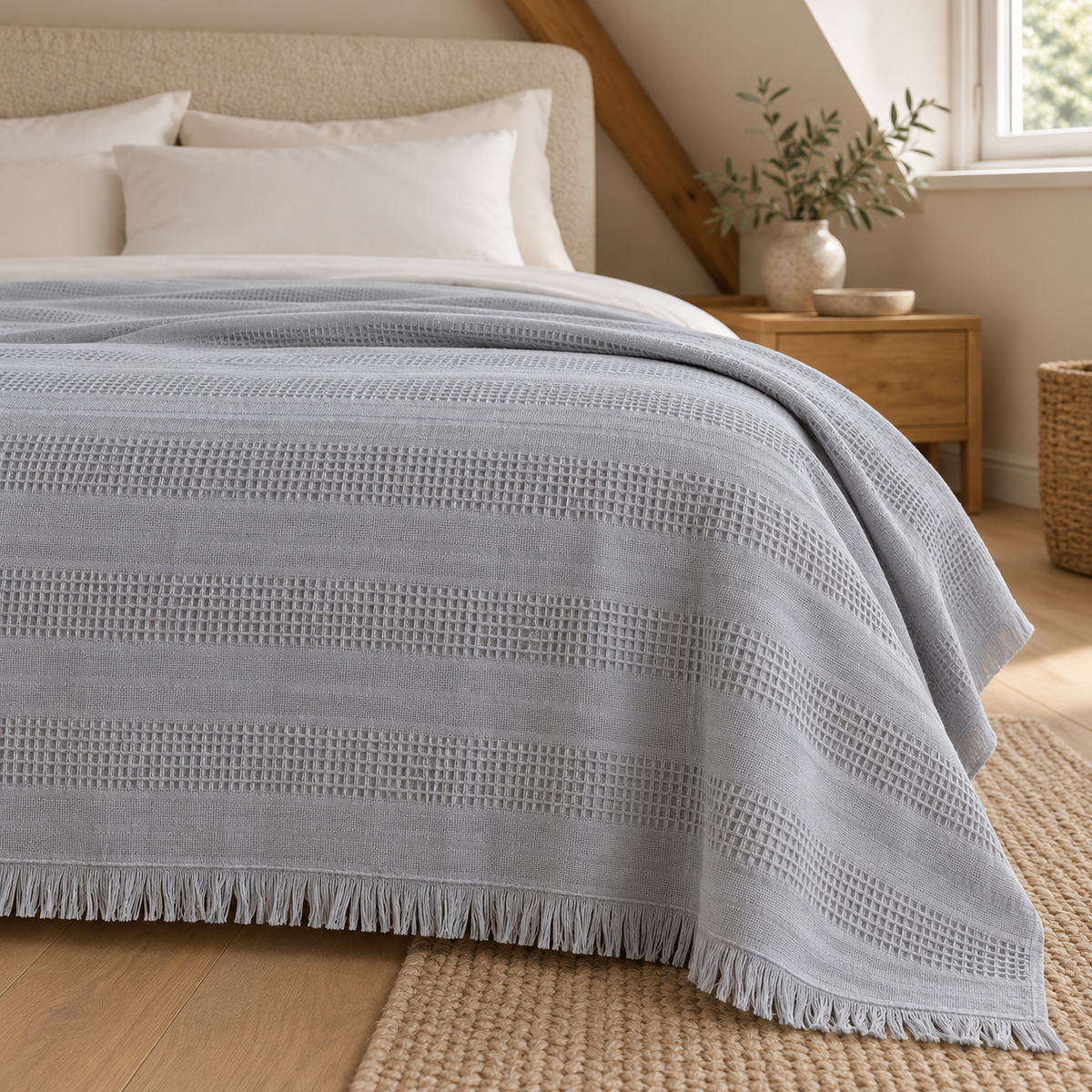 Erna Grey bedspread — naturally lit Dutch bedroom lifestyle, woven texture and fringed edge view