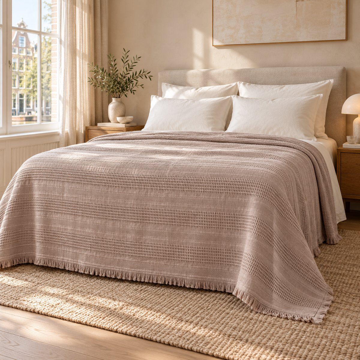 Erna Quartz bedspread — naturally lit Dutch bedroom lifestyle, full bed view