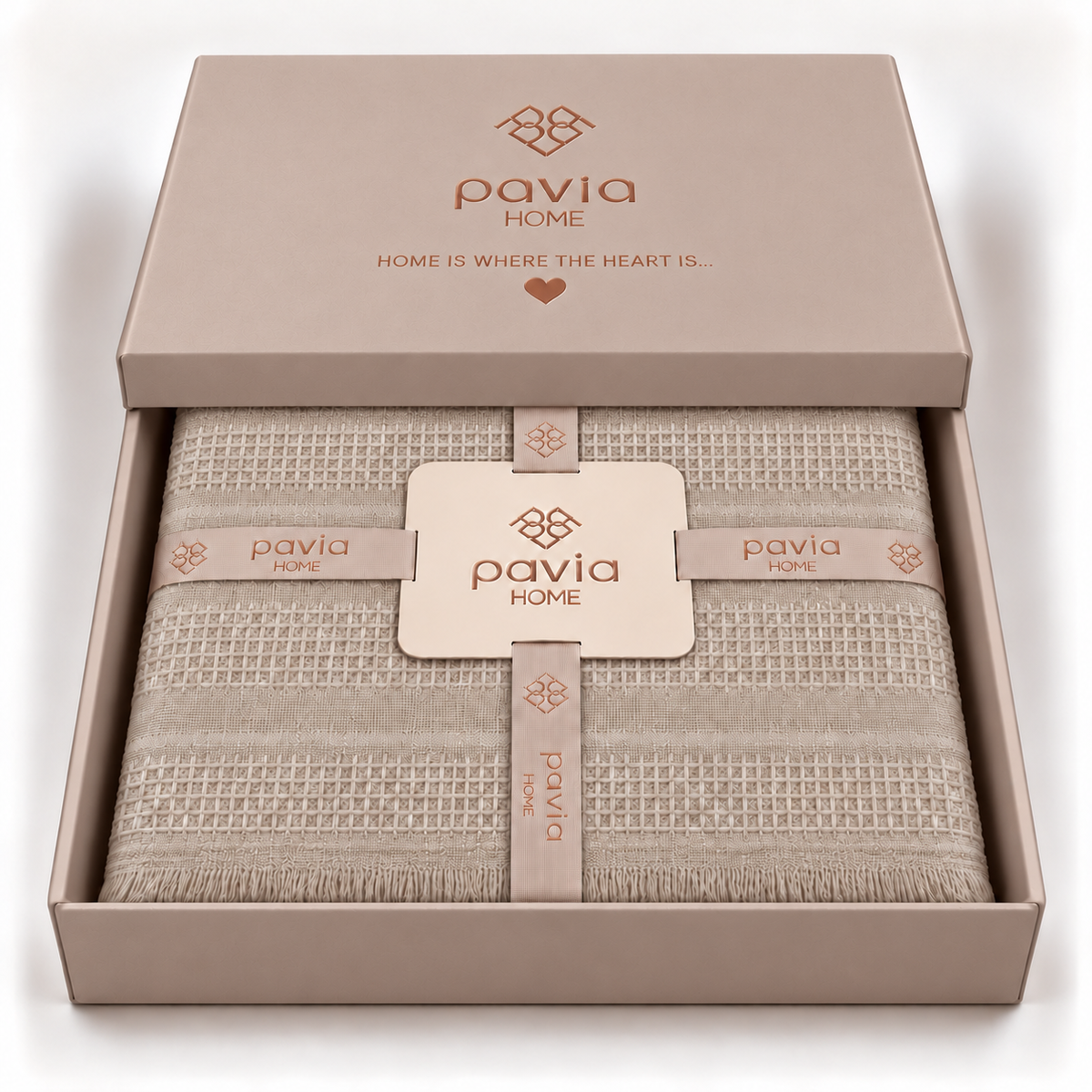 Pavia Home Erna towel set — beige, matte gift box with a partially closed lid, fine woven grid bands and fringed edge