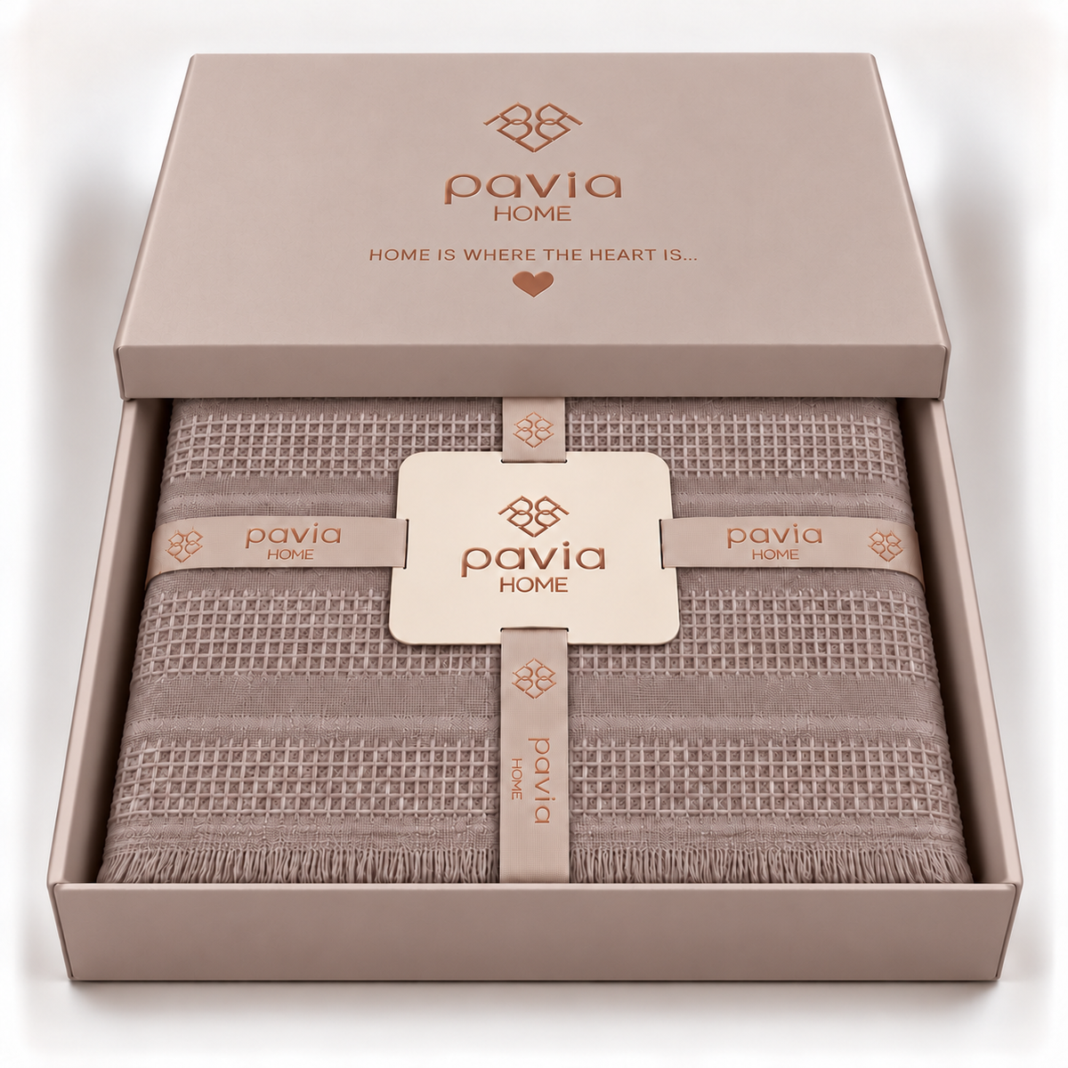 Pavia Home Erna towel set — quartz, matte gift box with a partially closed lid, fine woven grid bands and fringed edge