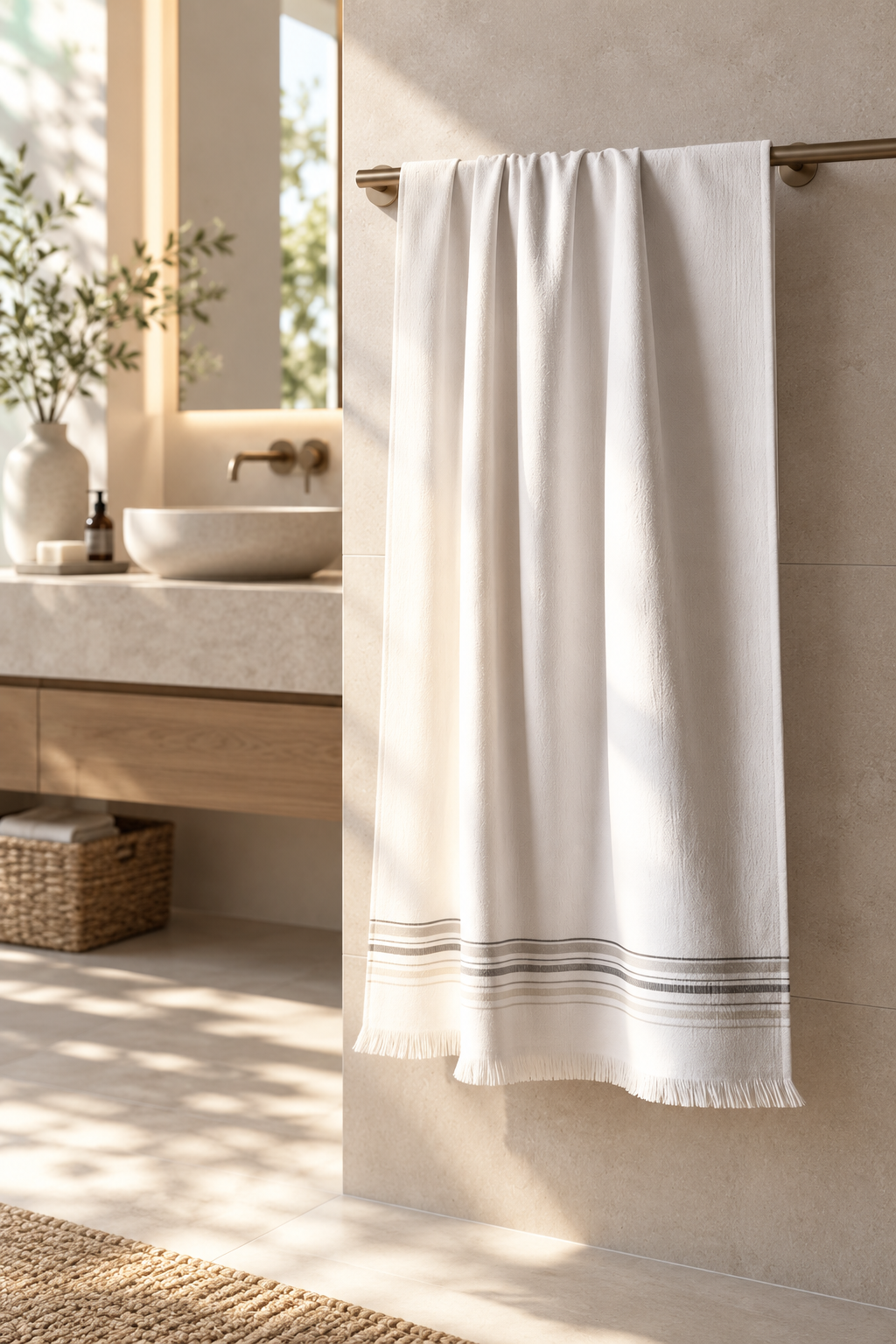 Hannes grey pestemal in a bright bathroom