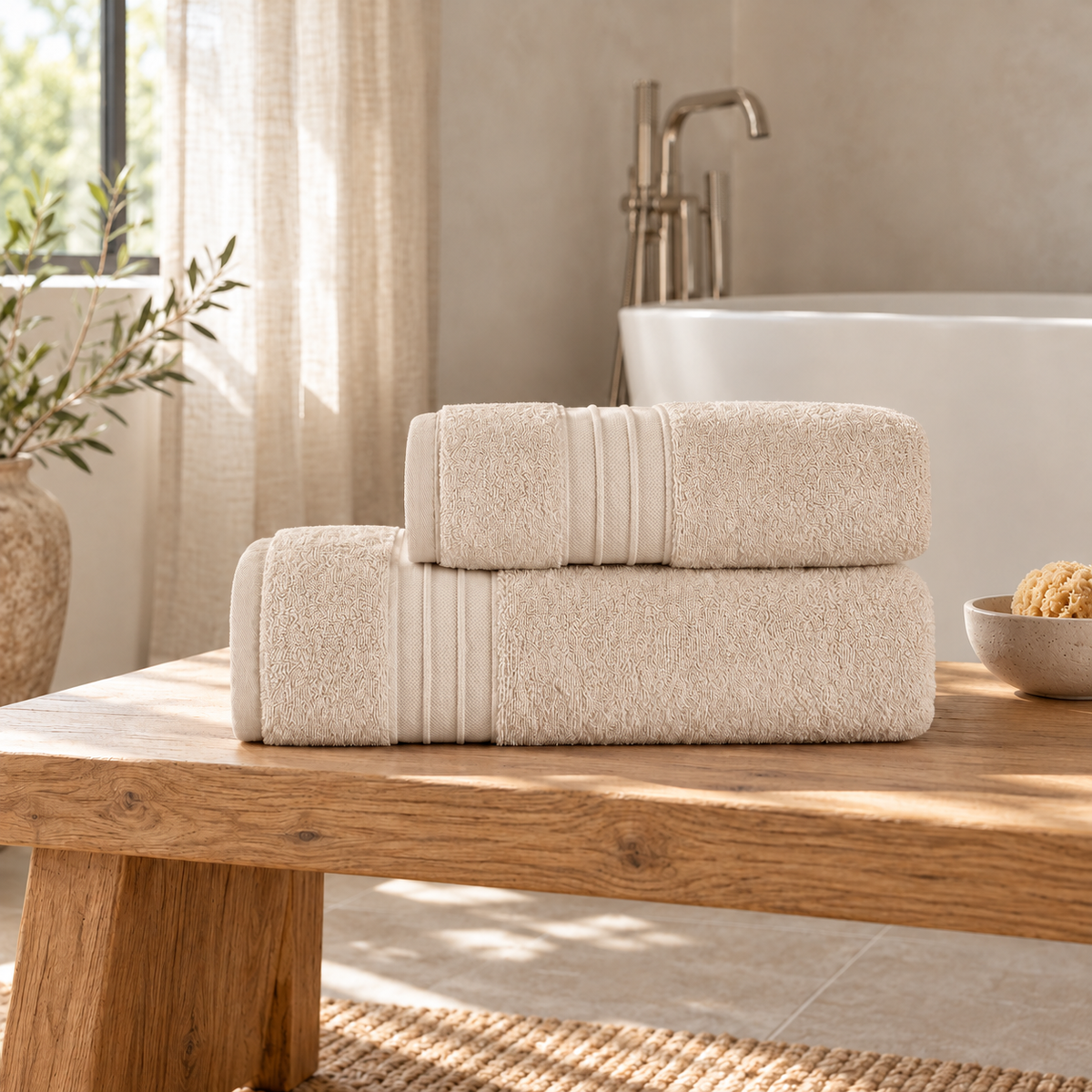 Pavia Home Jony towel set — beige, on an oak bench beside a bathtub