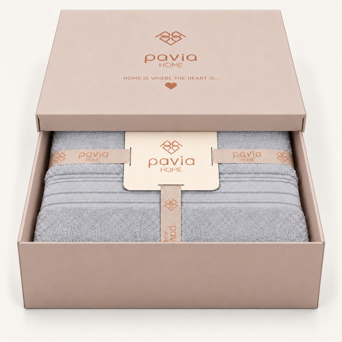 Pavia Home Jony towel set — grey, half-open gift box
