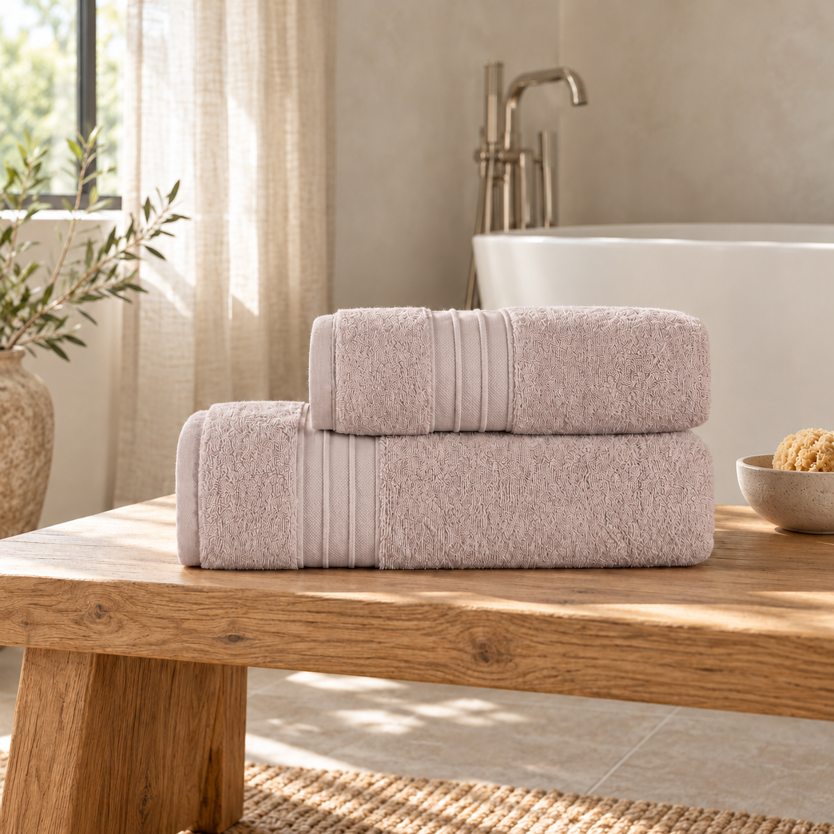 Pavia Home Jony towel set — quartz, on an oak bench beside a bathtub