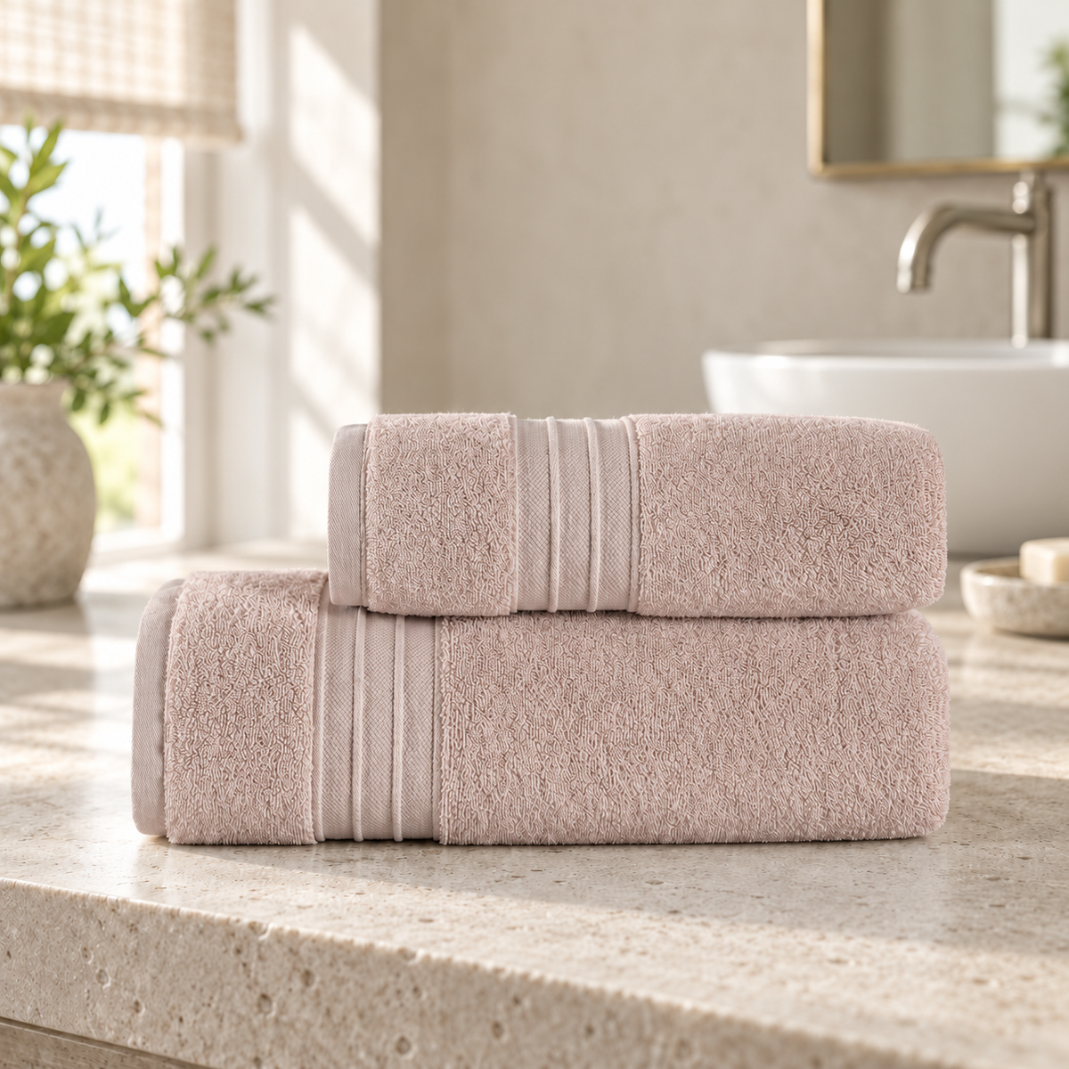 Pavia Home Jony towel set — quartz, on a stone bathroom vanity