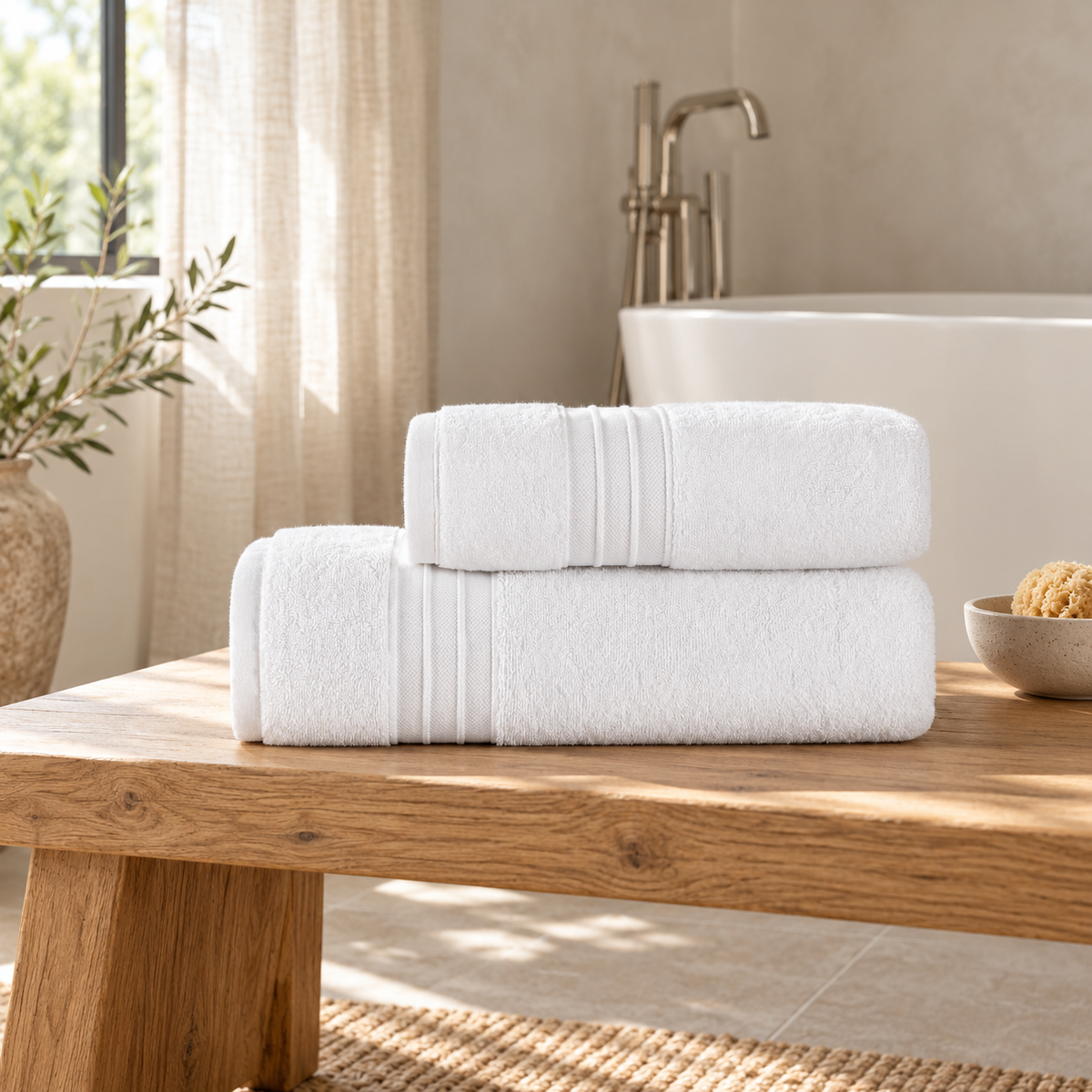 Pavia Home Jony towel set — white, on an oak bench beside a bathtub