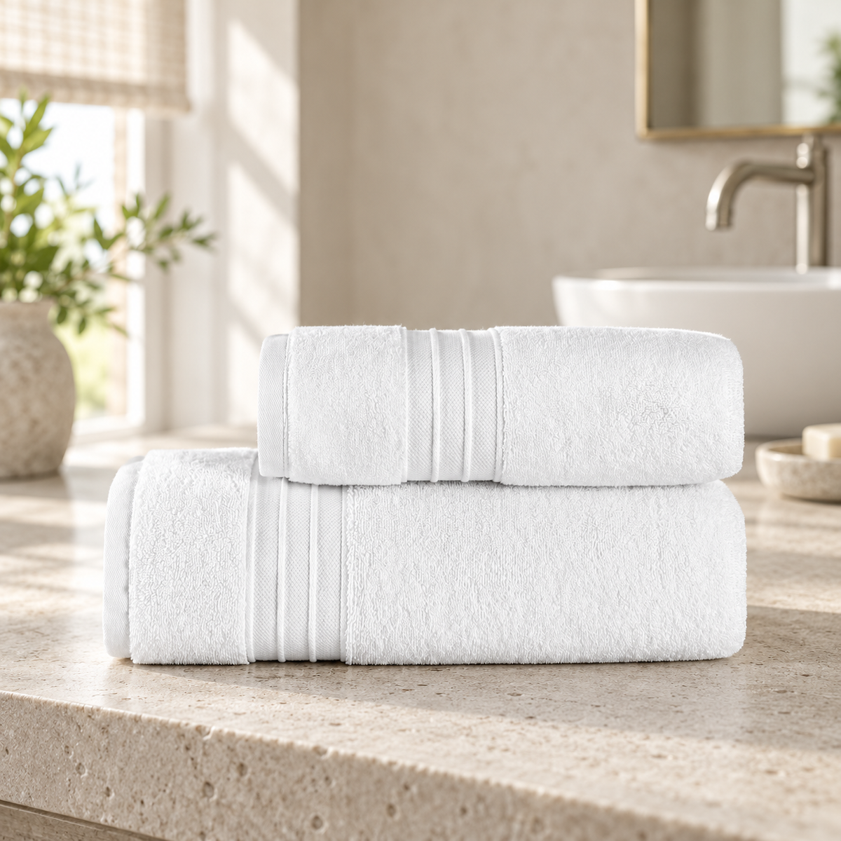 Pavia Home Jony towel set — white, on a stone bathroom vanity