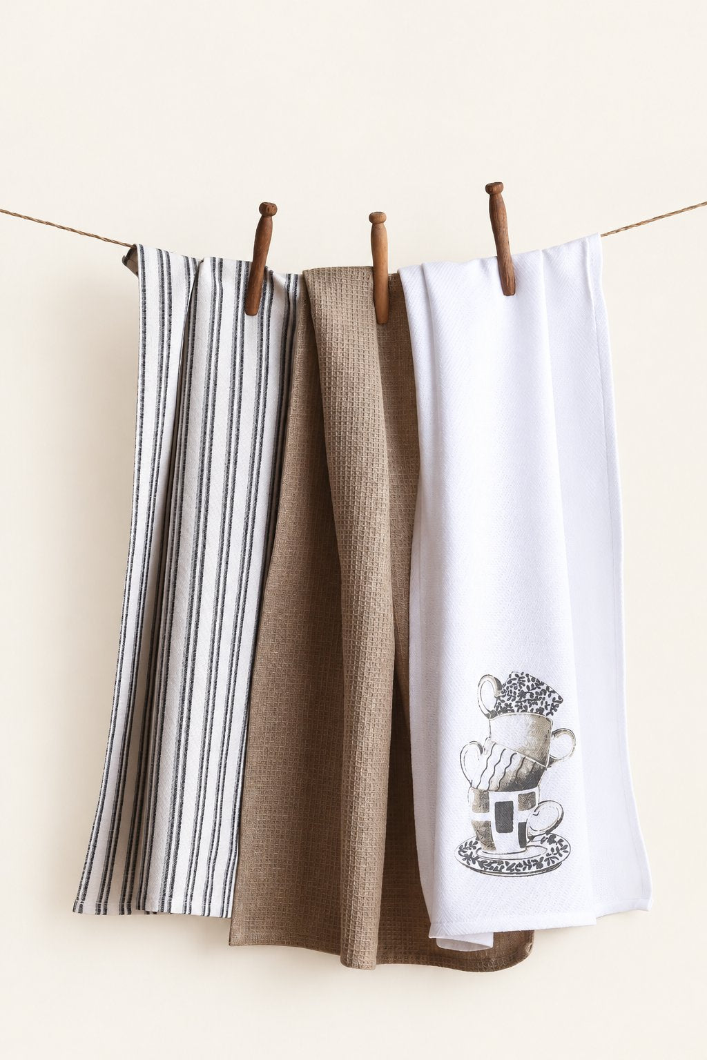 Pavia KT-11 kitchen towels — set of three with stripes, beige texture and cup motif