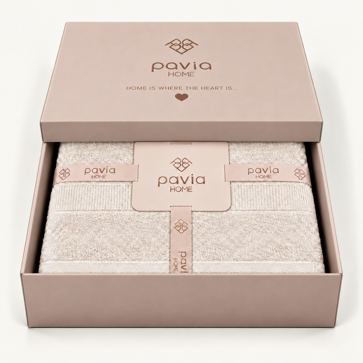 Luan towel set in ecru, blush pink gift box with a partially closed lid, woven border and finished hem