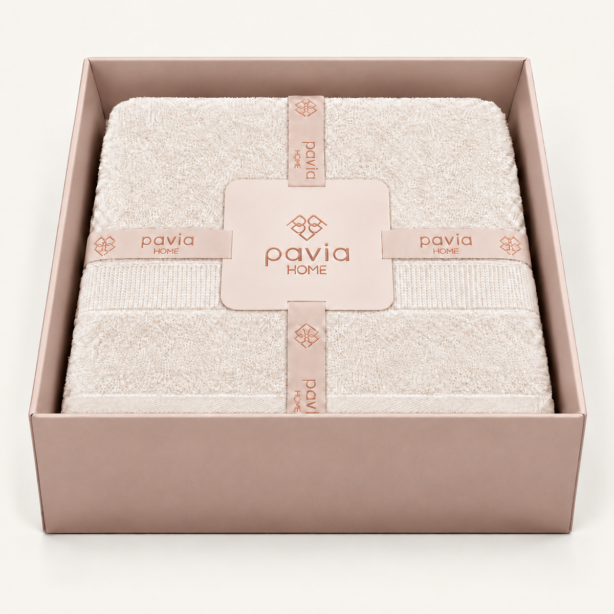 Luan towel set in ecru, open blush pink gift box, woven border and finished towel edge
