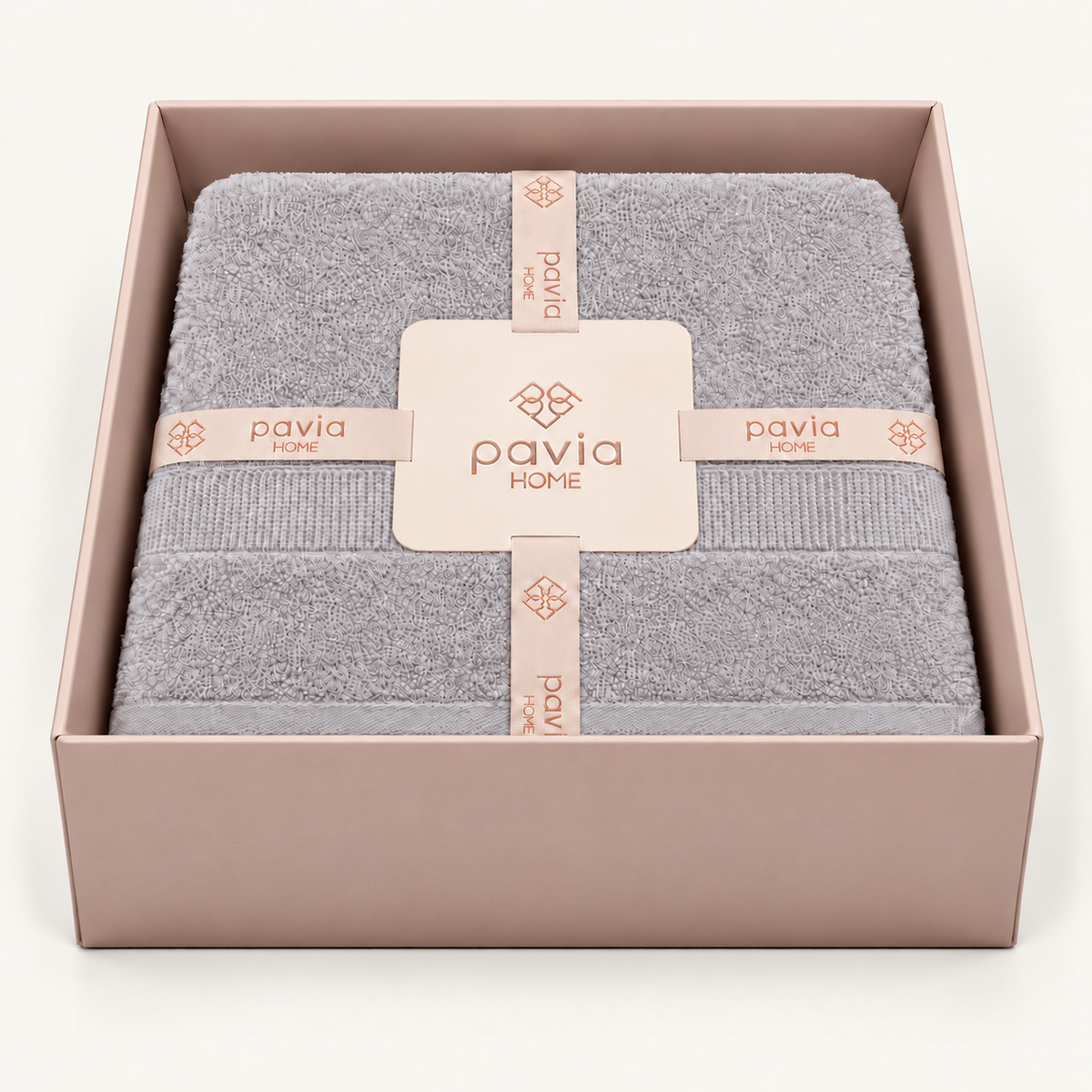 Luan towel set in grey, open blush pink gift box, woven border and finished towel edge