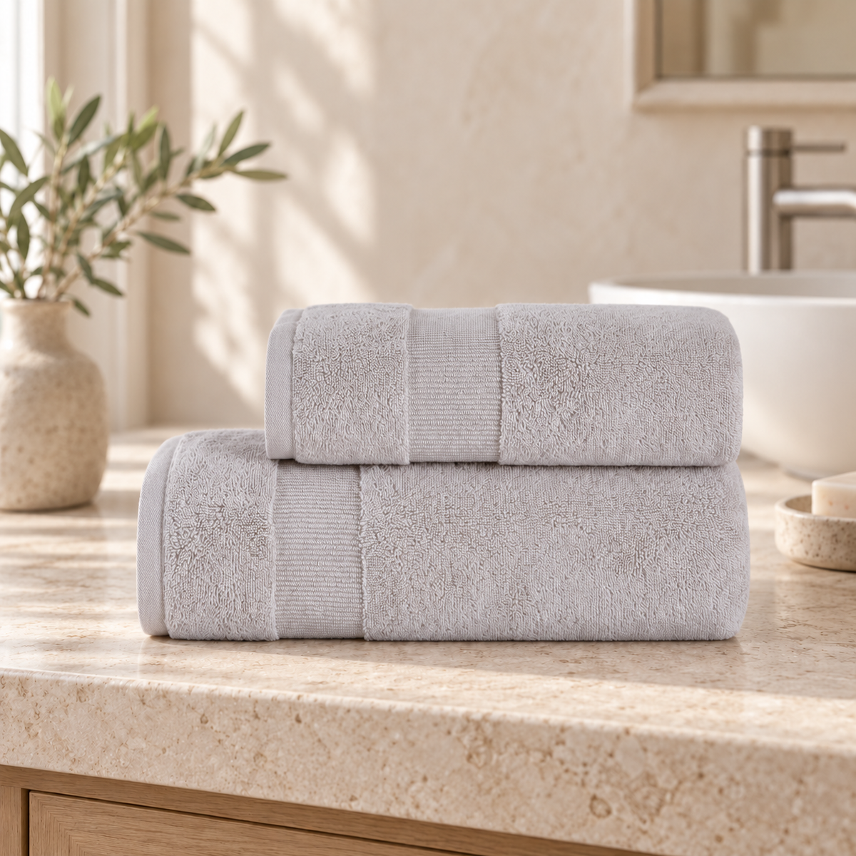 Pavia Home Luan towel set — grey bathroom lifestyle