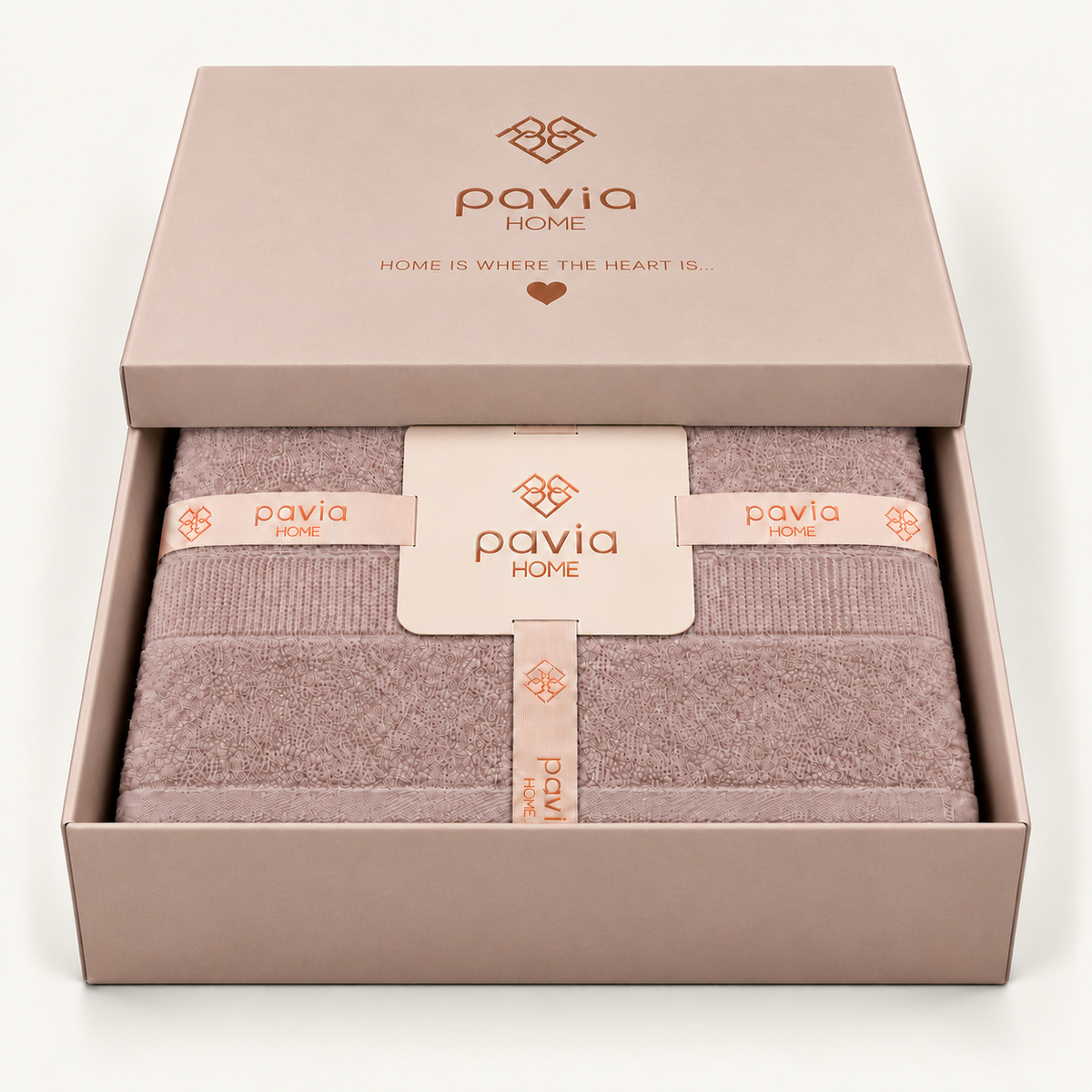 Luan towel set in quartz, blush pink gift box with a partially closed lid, woven border and finished hem