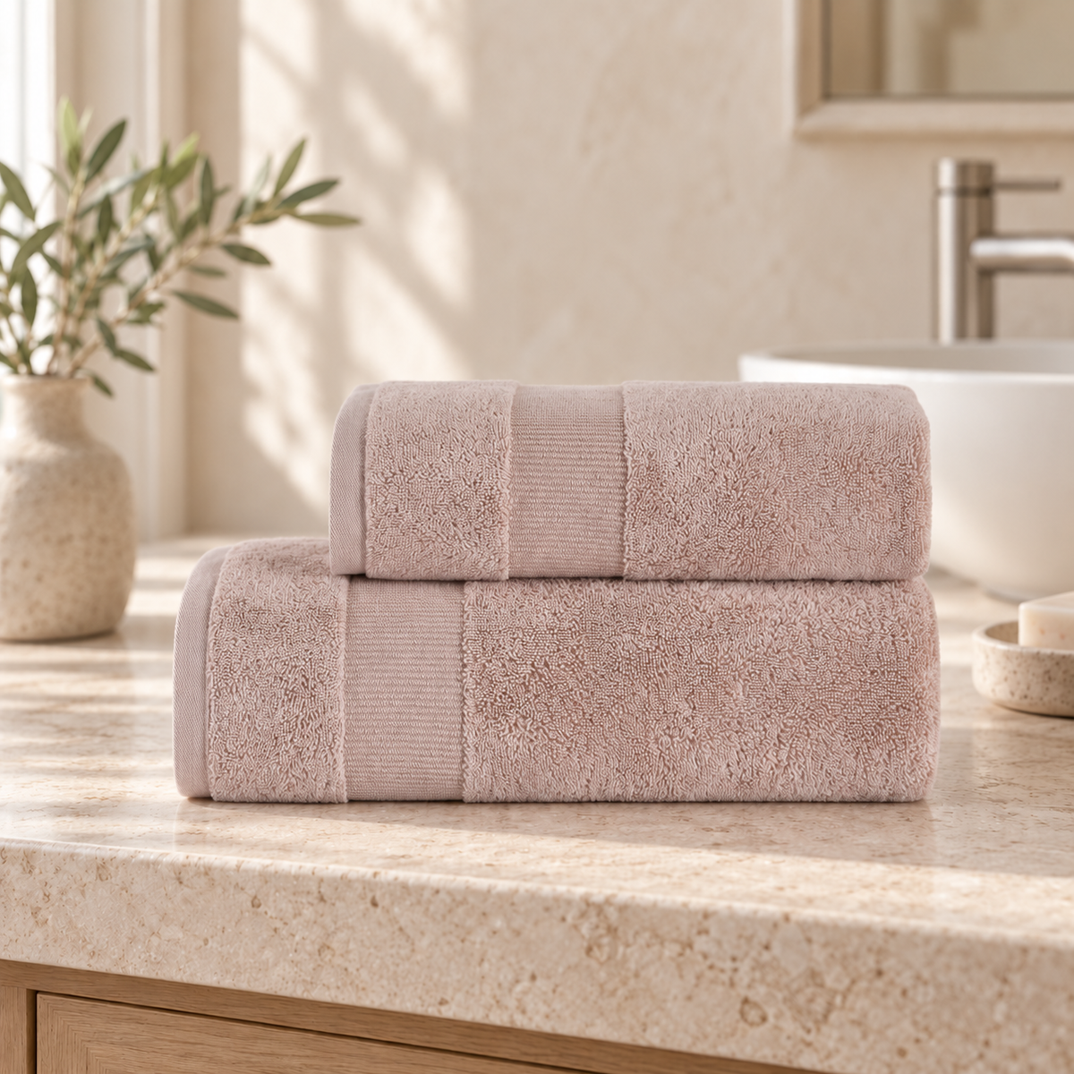 Pavia Home Luan towel set — quartz bathroom lifestyle